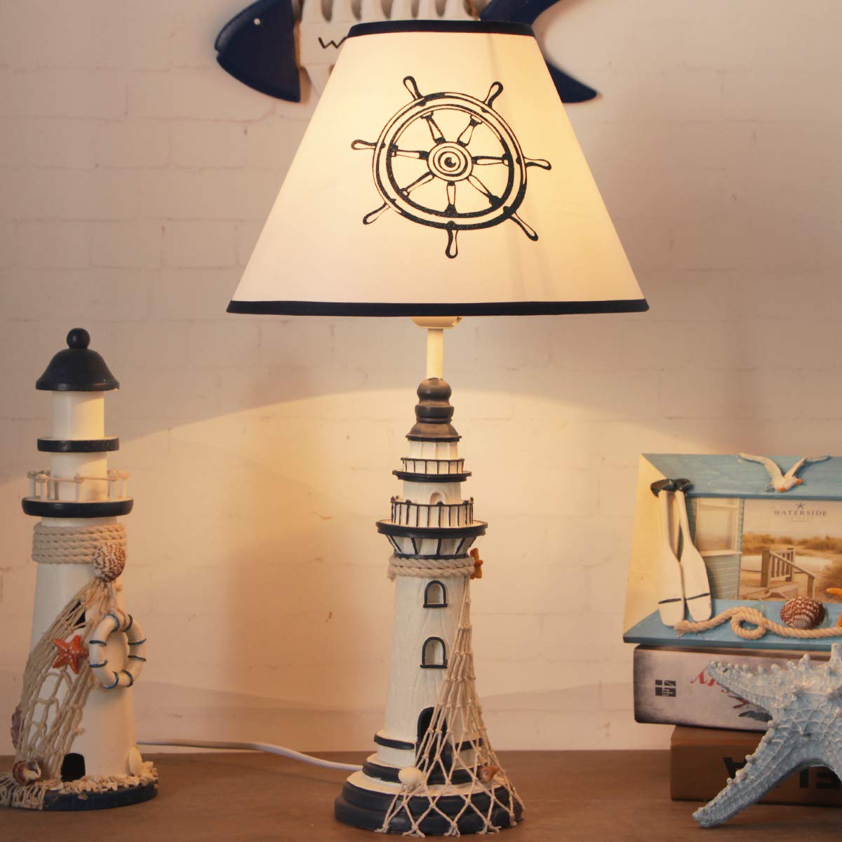 LITFAD Modern Blue Nautical Style Resin LED Desk Lamp - 1 Light Lighthouse Design Bedside Table Lamp for Reading, Bedroom, Kids Room & Office (Rudder-Shaped Base) | Perfect for Coastal Decor & Nighttime Reading