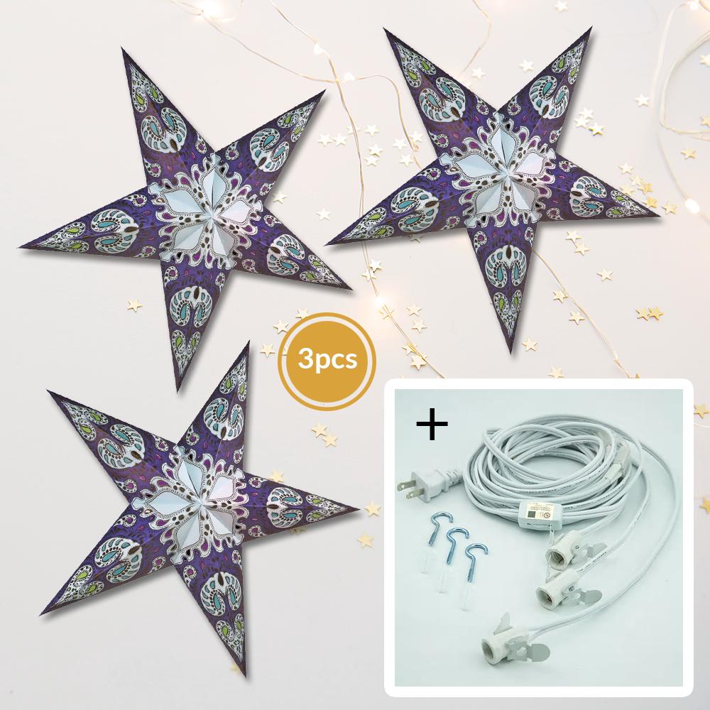 3 Pack Blue Galaxy 24 Inch LED Star Lanterns - Hanging Paper Light Fixtures with Bulbs & Cord for Home Decor, Party, Wedding, Nursery & Outdoor Lighting