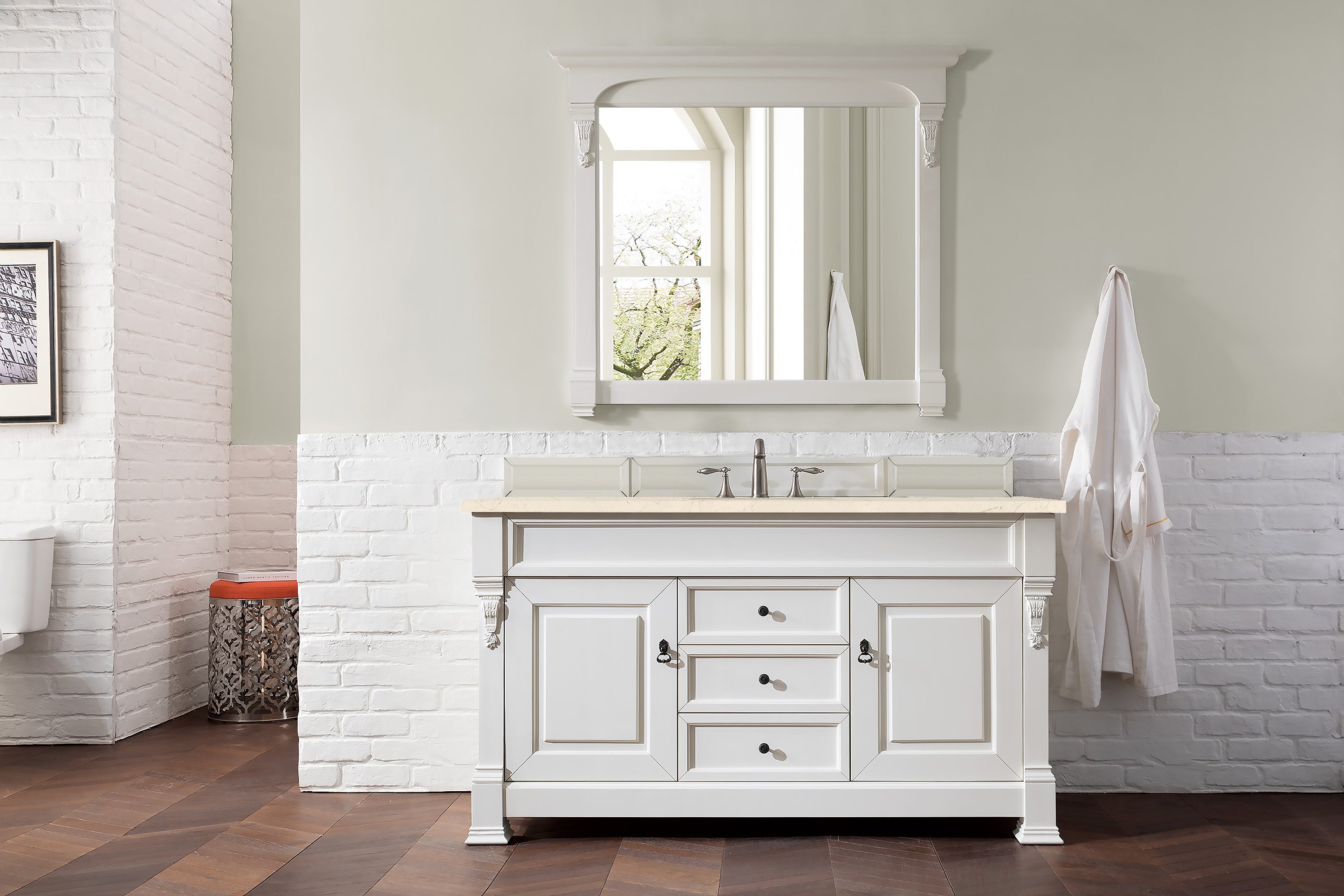 Brookfield 60 Inch Single Bathroom Vanity with Bright White Finish & 3CM Eternal Marfil Quartz Countertop - Perfect for Modern Master Bathrooms & Guest Bath Remodels