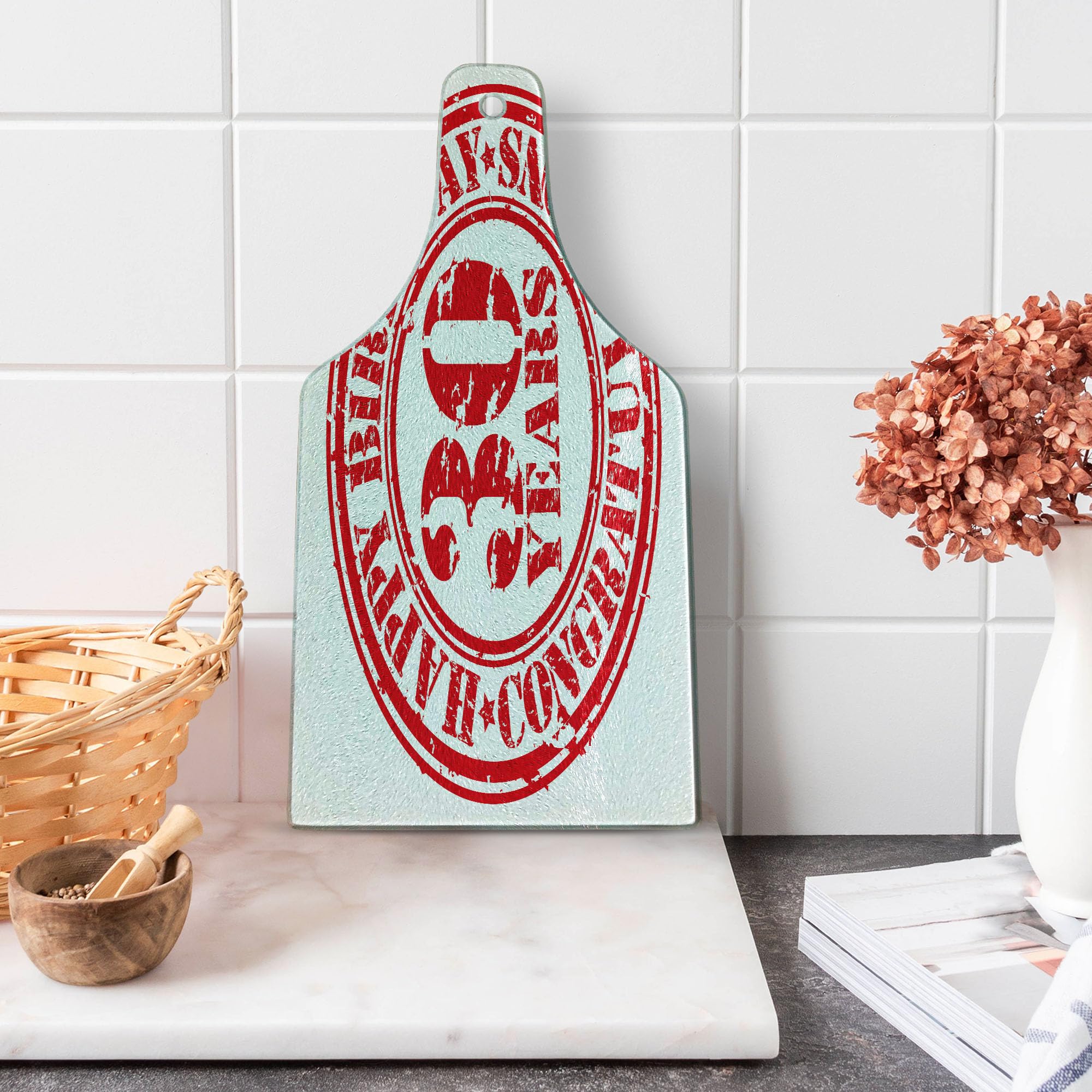 Ambesonne 30th Birthday Cutting Board - Vintage Grunge Rubber Stamp Design - Tempered Glass Serving Board for Wine & Cheese - Perfect for Anniversary Gifts & Party Decor (Red/White)