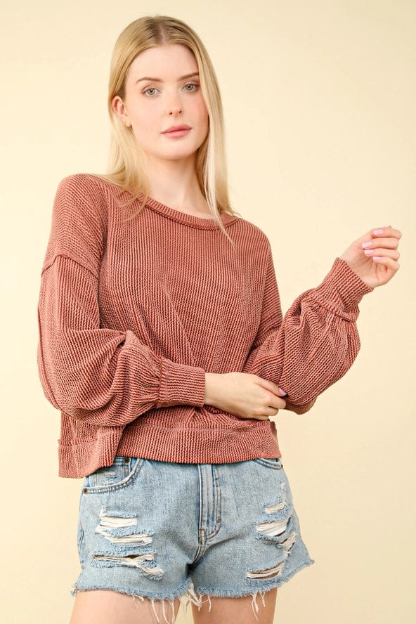 Stylish Rust Oversized Ribbed Long Sleeve T-Shirt for Women | Comfortable Fall & Winter Casual Wear | Perfect for Layering, Office, and Weekend Outfits