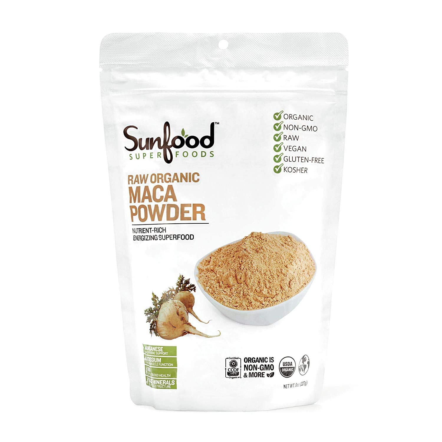 Organic Maca Powder by Sunfood - 8oz | Raw Peruvian Superfood for Energy & Vitality | Perfect for Smoothies, Baking & Wellness Drinks