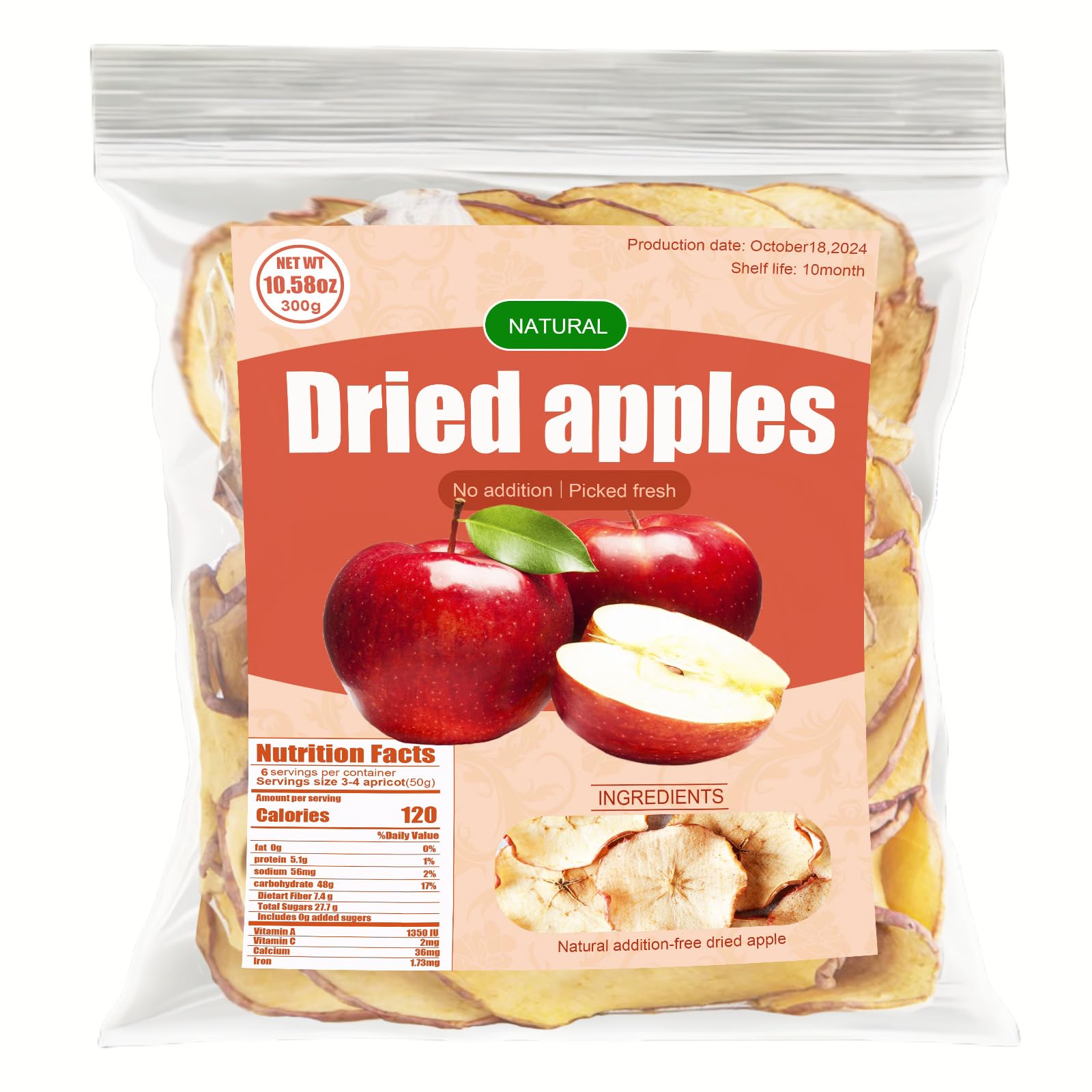 Premium Dried Apple Slices 10.58oz (300g) | Vegan, No Sugar Added Dehydrated Fruit Snacks | Freeze-Dried Crispy & Light | Perfect for Baking, Cake Decor, Cocktail Garnish & DIY Crafts | Healthy On-the-Go Snack for Work, School & Hiking