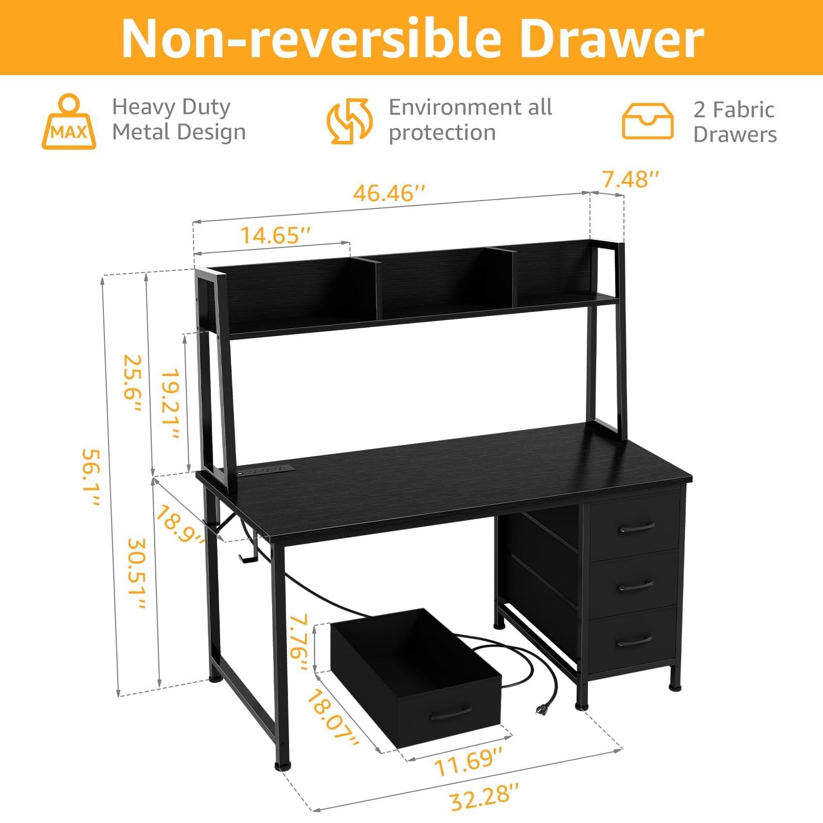 47 Inch Black Modern Computer Desk with Hutch & 3 Drawers - Home Office Desk with Storage & Power Outlets, Study Writing Desk for Bedroom, Small Spaces & Remote Work