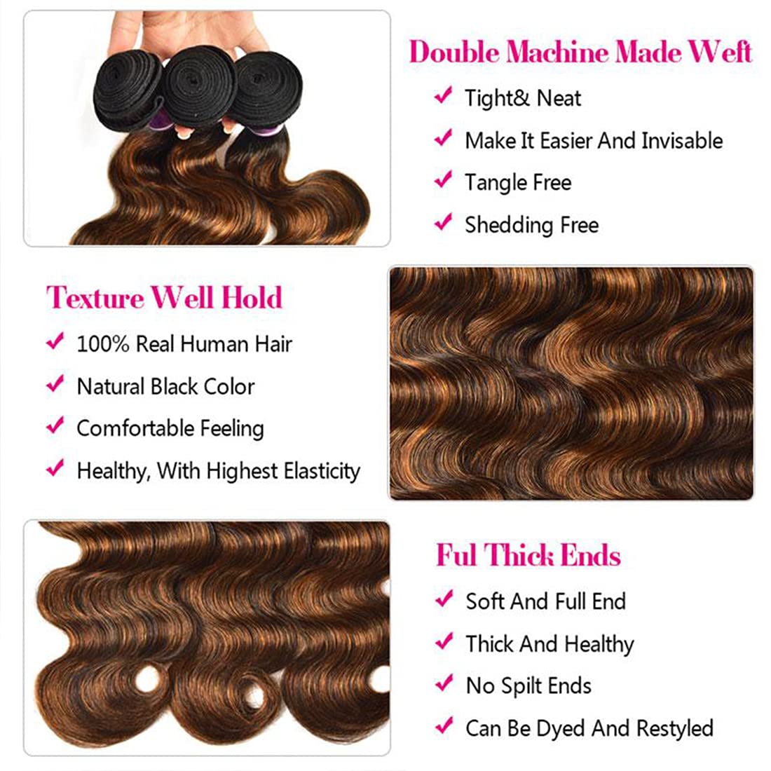 Beauty Forever #FB30 Highlight Brazilian Body Wave 3 Bundles Human Hair Extensions with 4x4 Lace Closure - Ombre Balayage Piano Color Virgin Hair for Natural Look | Perfect for Daily Styling, Special Occasions & Salon Use