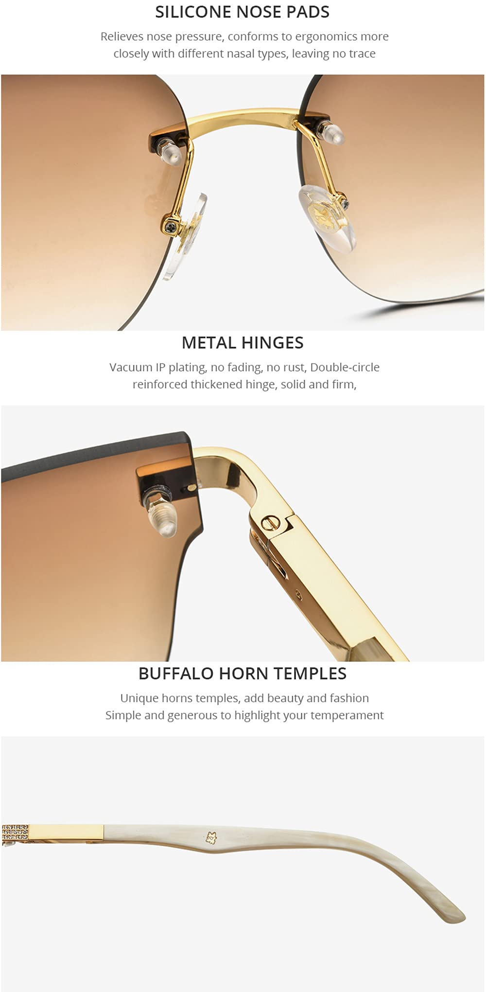 100% Real Buffalo Horn Handmade Square Rimless Sunglasses for Women - Luxury Diamond-Embellished UV Protection Shades for Beach, Driving & Outdoor Fashion