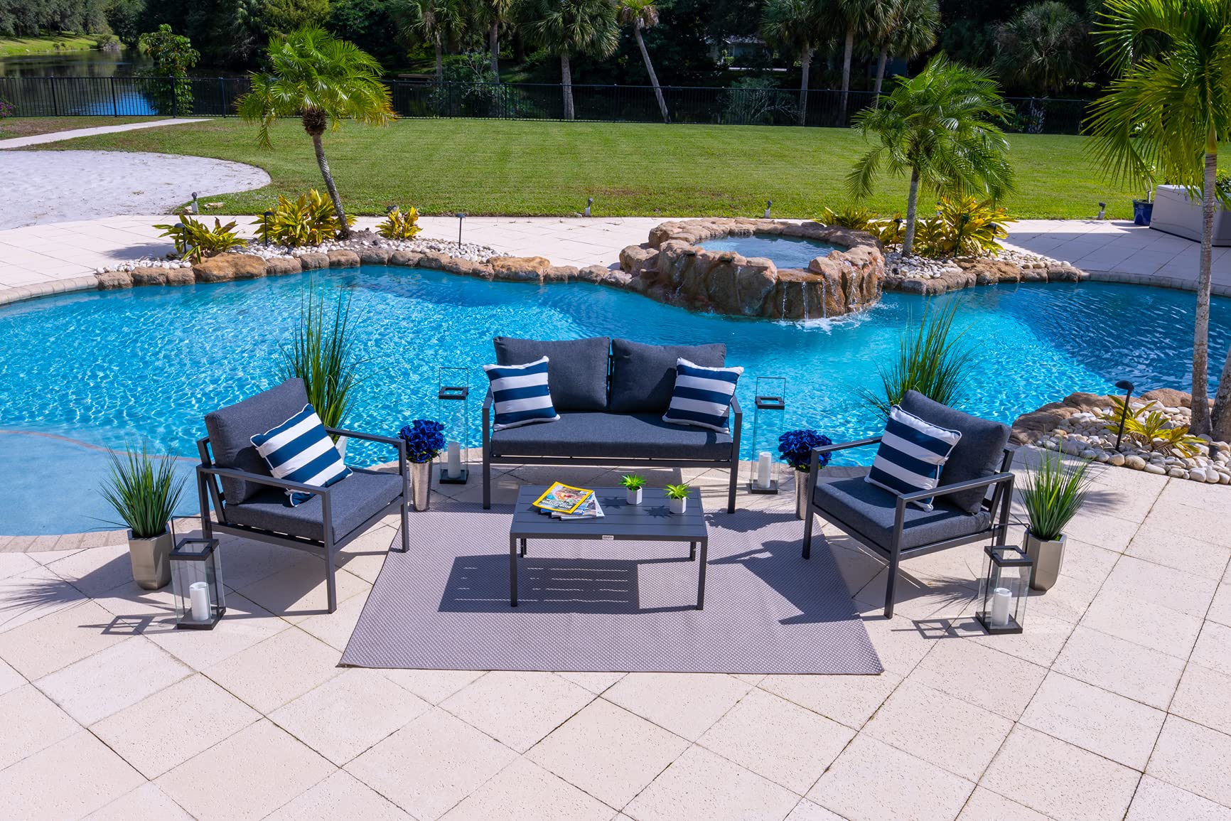Juno 4-Piece Aluminum Outdoor Patio Furniture Set - Charcoal Gray Conversation Sofa with Loveseat, 2 Armchairs & Coffee Table - Perfect for Garden, Backyard, Poolside & Terrace Relaxation