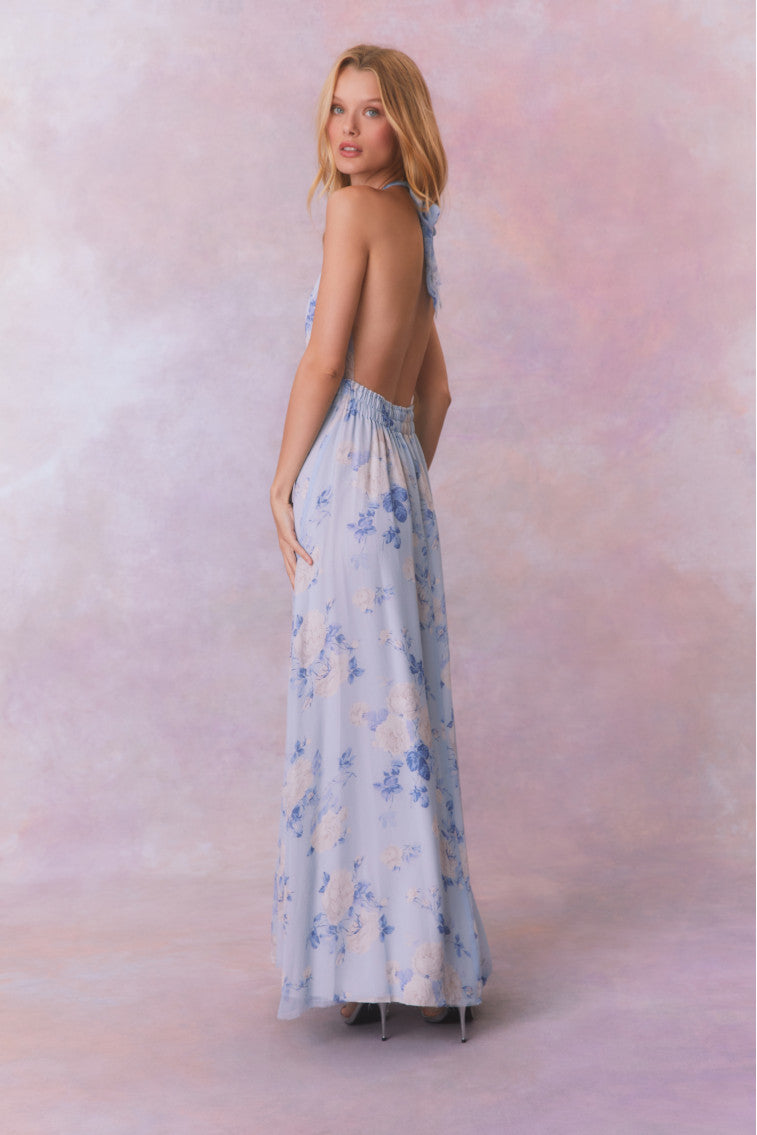 Love Fragrance Women's Halter Maxi Dress - Floral Print Summer Beach Dress for Vacation, Wedding & Party Wear