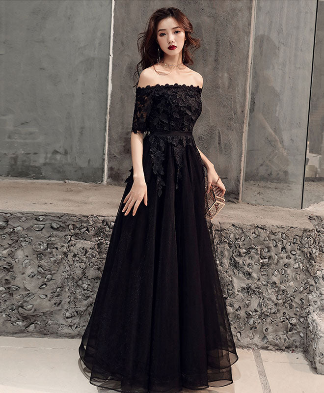 Elegant Black Tulle Lace Long Prom Dress with Floral Appliques - Formal Evening Gown for Homecoming, Quinceañera & Special Occasions