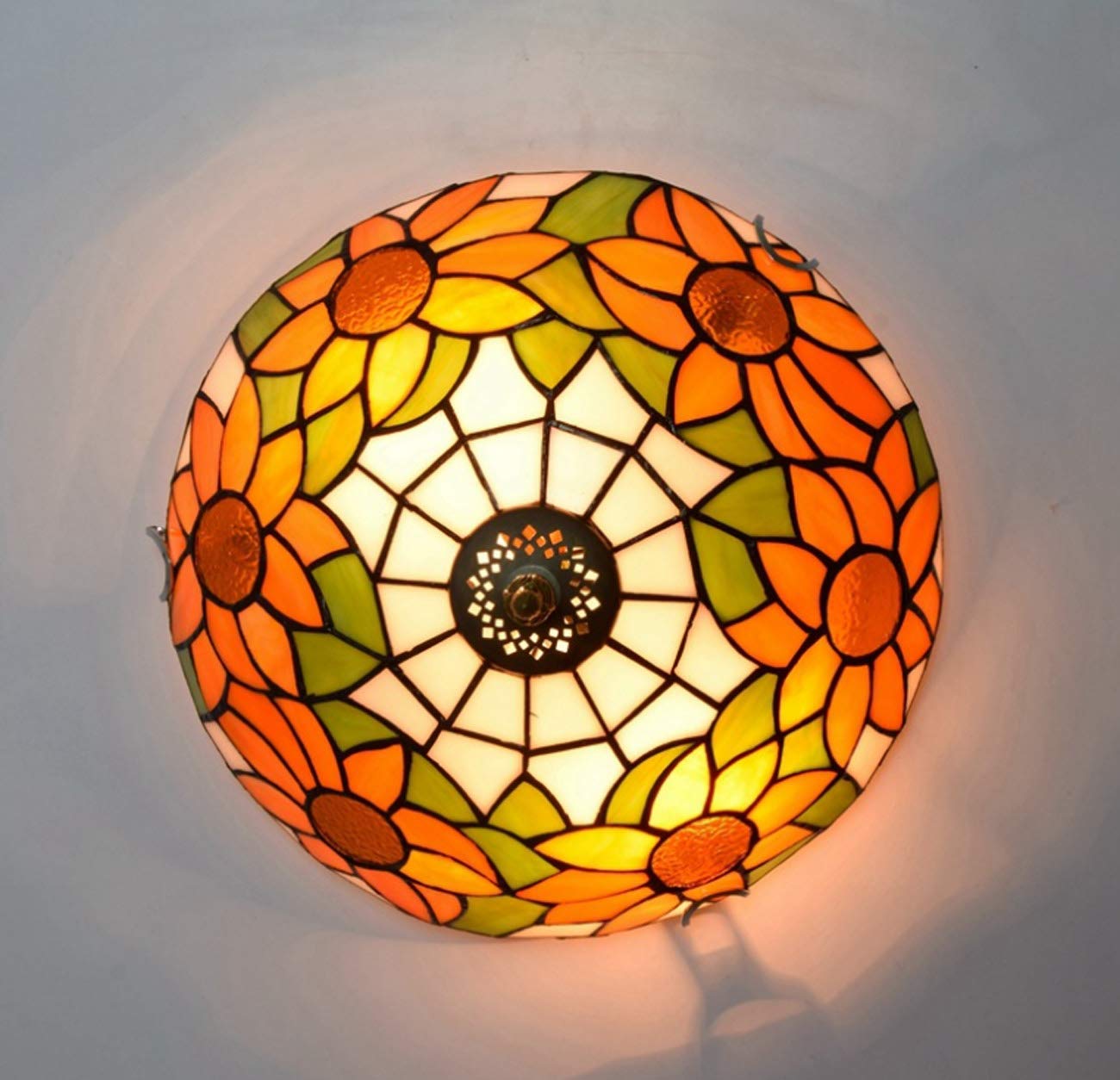 12 Inch Tiffany Style Sunflower Stained Glass Flush Mount Ceiling Light Fixture - E27 Base, 110-240V (Bulbs Not Included) - Perfect for Bedroom, Living Room & Dining Room Lighting Decor