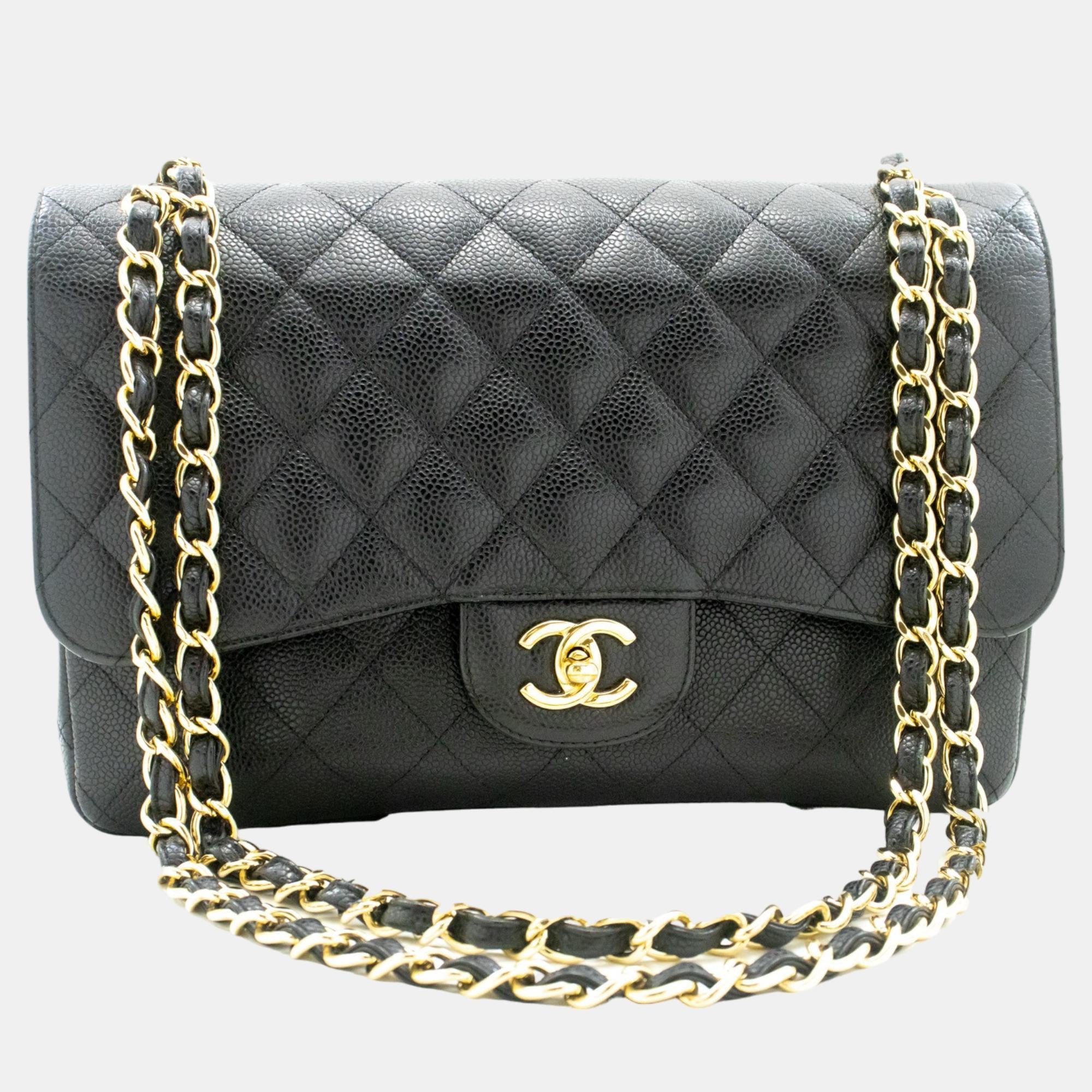 Luxury Black Caviar Leather Large Classic Double Flap Shoulder Bag for Women - Elegant Designer Handbag for Work, Travel & Evening Events