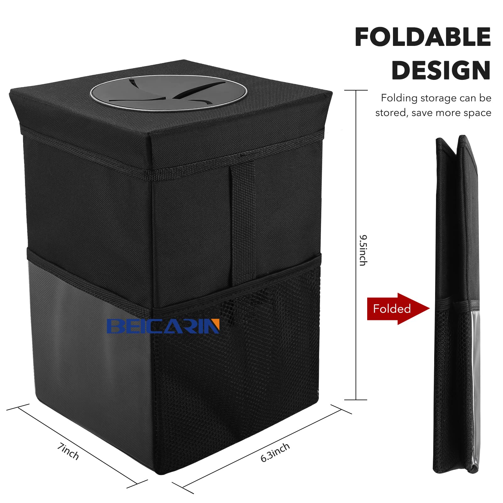 Collapsible Car Trash Can with Lid - 1.82 Gallon Leak-Proof Portable Garbage Bin for Vehicles, Multipurpose Car Organizer | Perfect for Road Trips, Commuting & Keeping Your Car Clean