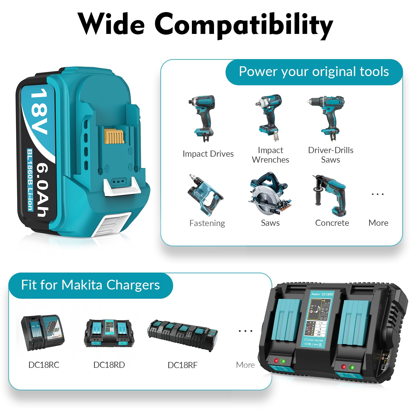 2Packs 6.0Ah Replacement Battery for Makita 18V Power Tools with 2-Port Fast Charger - Compatible with Drills, Saws, and Outdoor Power Equipment