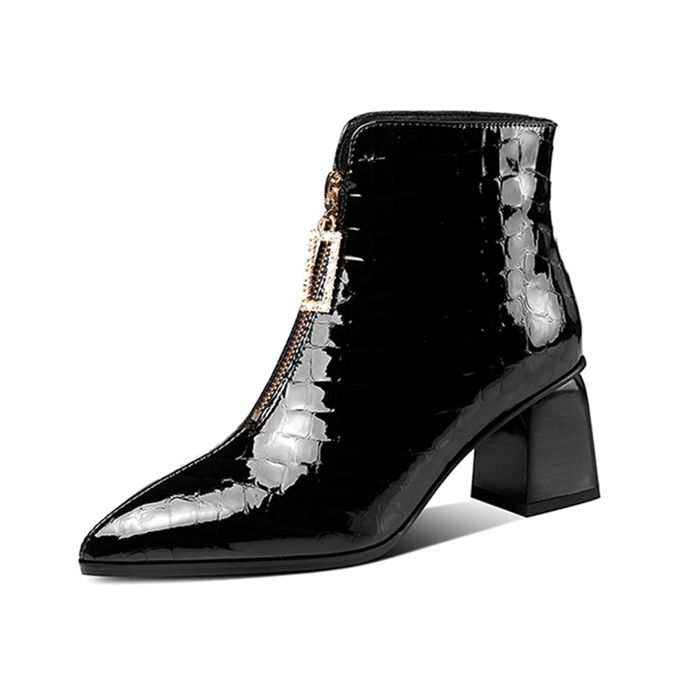 Stylish Patent Leather Pointed Toe Chunky Heel Ankle Boots for Women - Front Zipper Design, Handmade Plus Size Fashion Booties - Perfect for Office, Party & Night Out