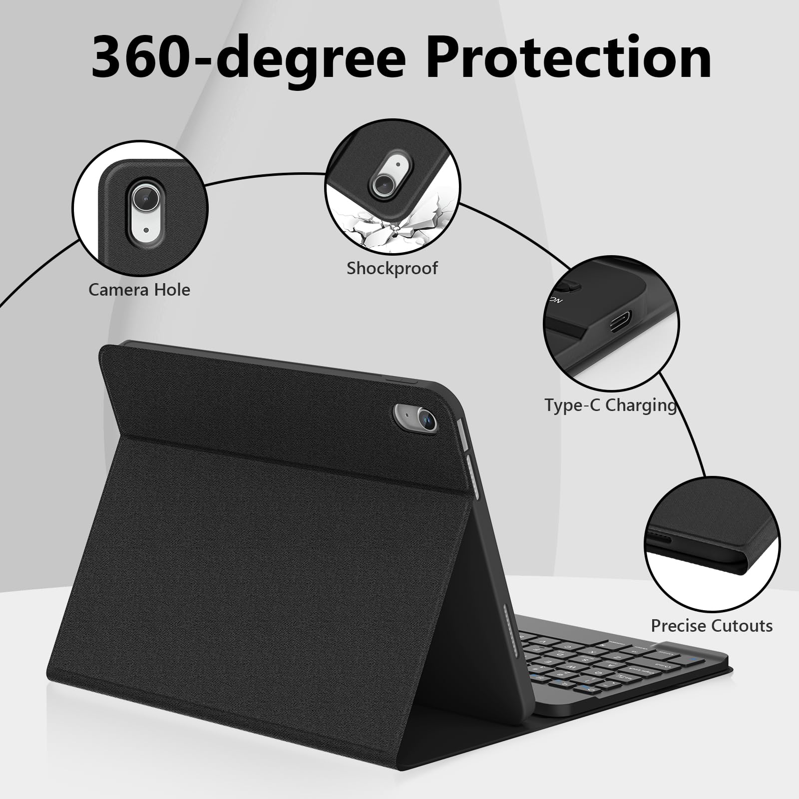 FUWANG Bluetooth Keyboard Case for iPad Air 11 Inch (M3/M2) 2025/2024 & iPad Air 5th/4th Gen 10.9 Inch - Detachable Folio Cover with Apple Pencil Holder | Perfect for Work, Study & Travel - Black