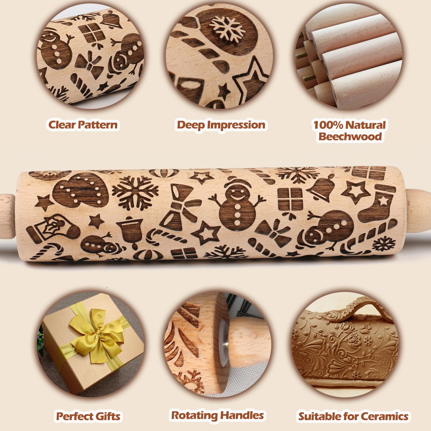 Christmas Snowflake & Snowman Embossed Rolling Pin - Wooden Engraved Cookie Dough Roller for Baking, Springerle, Clay Pottery & Ceramic Crafts - Perfect Holiday Gift for Bakers, Women & Kids (Ideal for Christmas Cookies, DIY Crafts & Family Baking Activities)