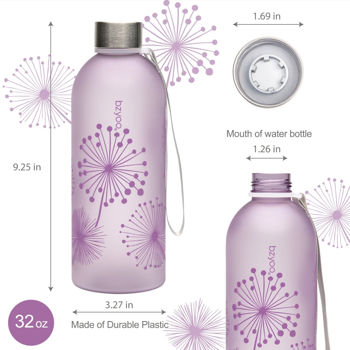 32oz Time Marker Tritan Water Bottle with Carrying Strap - Dandelion Purple - BPA Free Leak Proof Sports Water Bottle for Gym, Hiking & Outdoor Activities