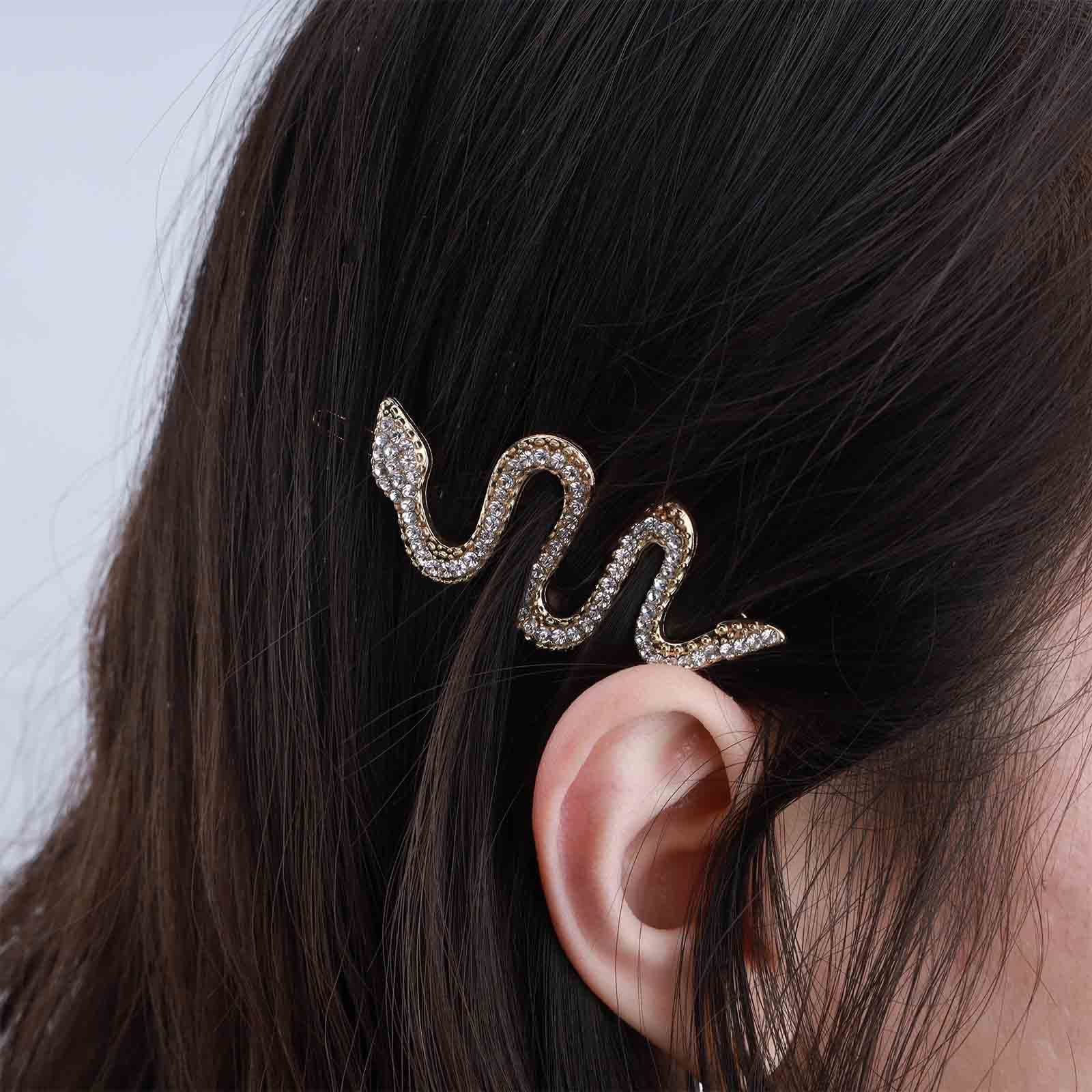 Boho Crystal Snake Hair Clip - Gold Rhinestone Pave Barrette Pin for Women & Girls | Elegant Side Hair Accessories for Weddings, Parties & Everyday Wear