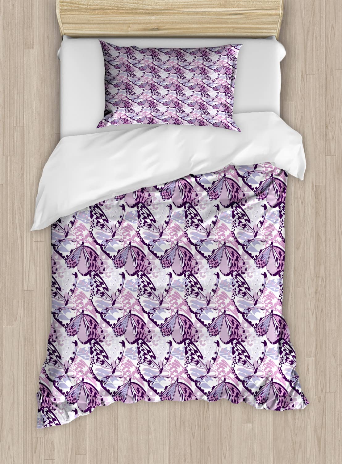 Ambesonne Butterfly Duvet Cover Set Queen Size - 2 Pack Purple Grunge Camo Style Bedding with 2 Duvet Covers & 4 Pillowcases - Lavender Lilac Violet Wings Design for Bohemian & Teen Bedroom Decor
