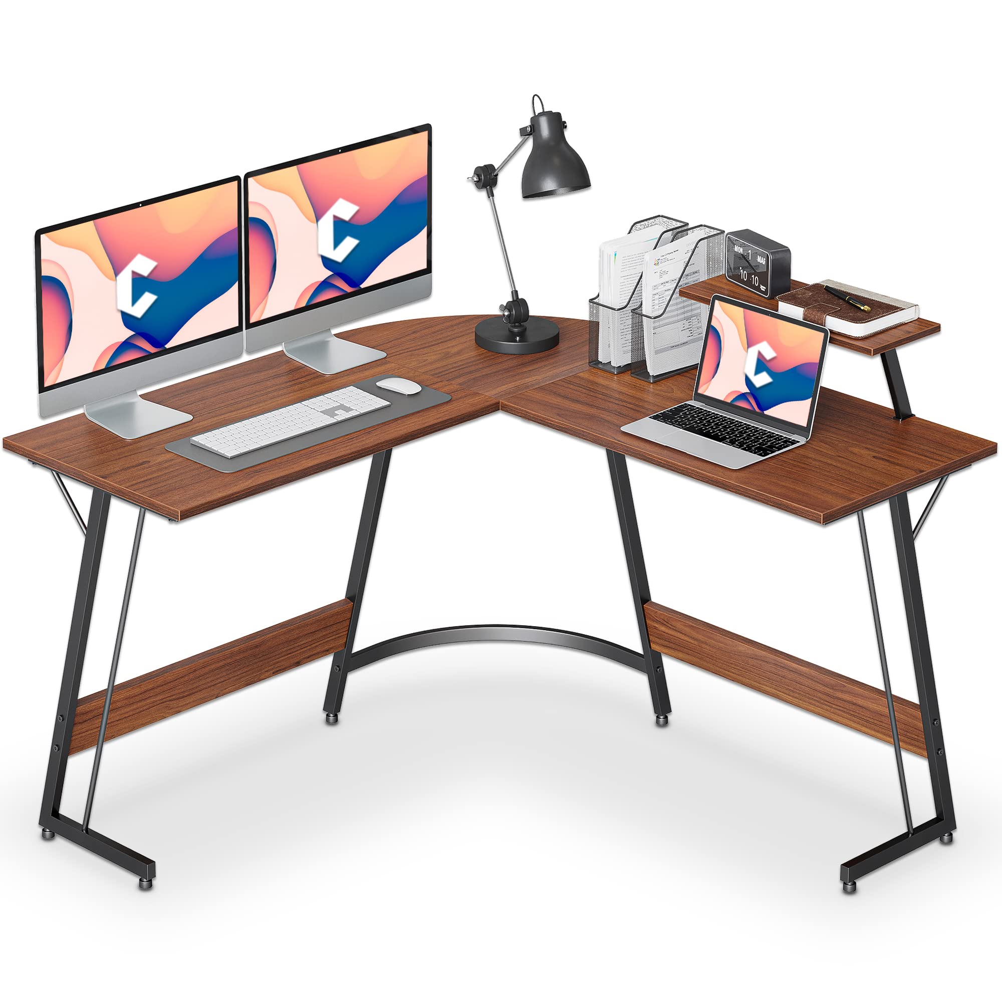 Cubiker L-Shaped Computer Desk with Monitor Stand - Space-Saving Corner Gaming & Home Office Workstation in Walnut Finish - Perfect for Small Spaces, PC Gaming & Remote Work