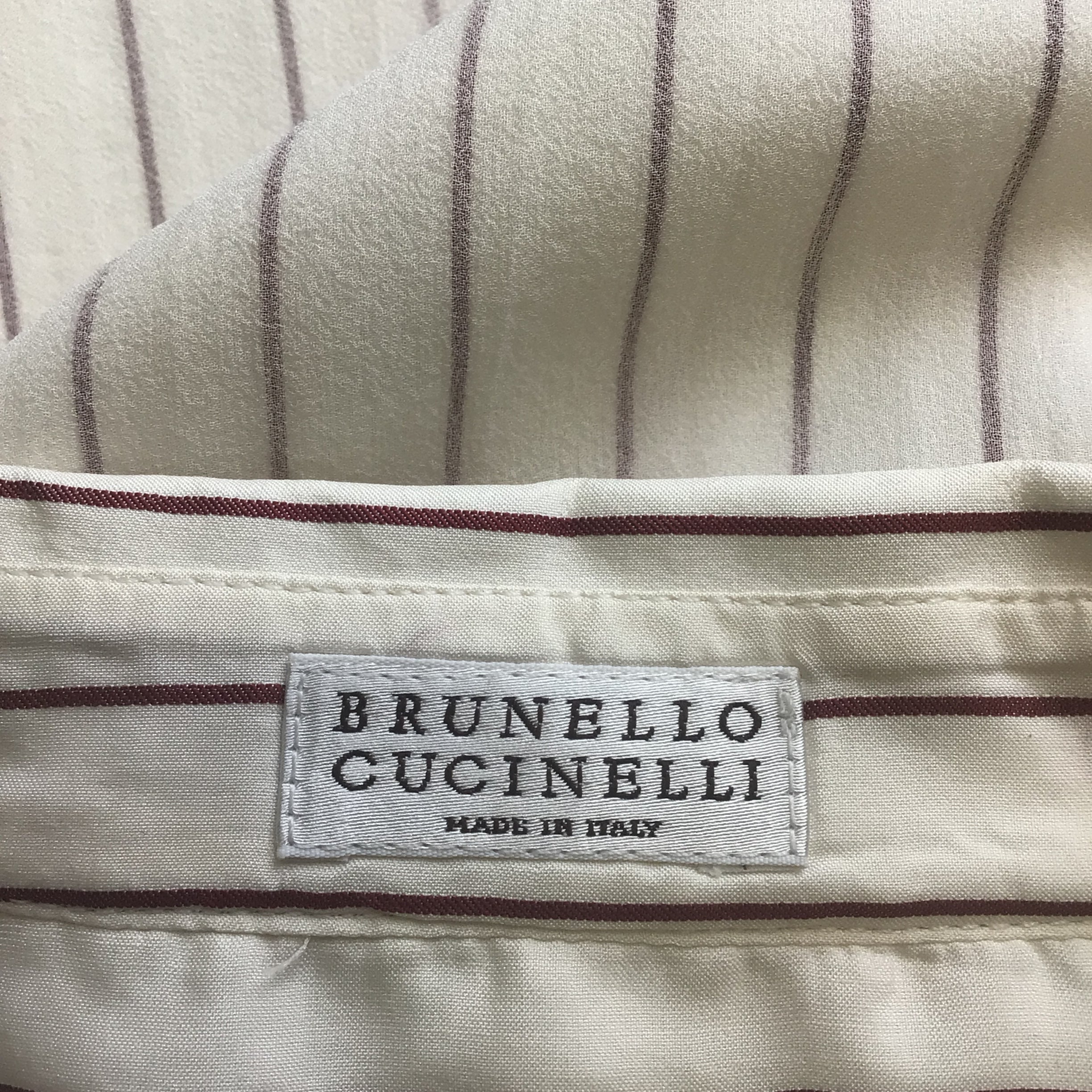Brunello Cucinelli Striped Silk Sleeveless Blouse - Ivory & Burgundy Women's Luxury Button Down Top for Work, Parties & Special Occasions