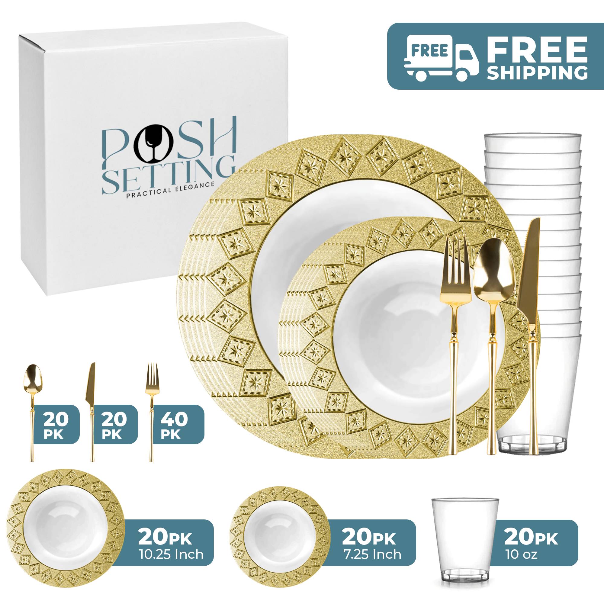 White and Gold Plastic Party Bundle - Elegant Imperial Theme for Birthday, Wedding & Celebration Decorations