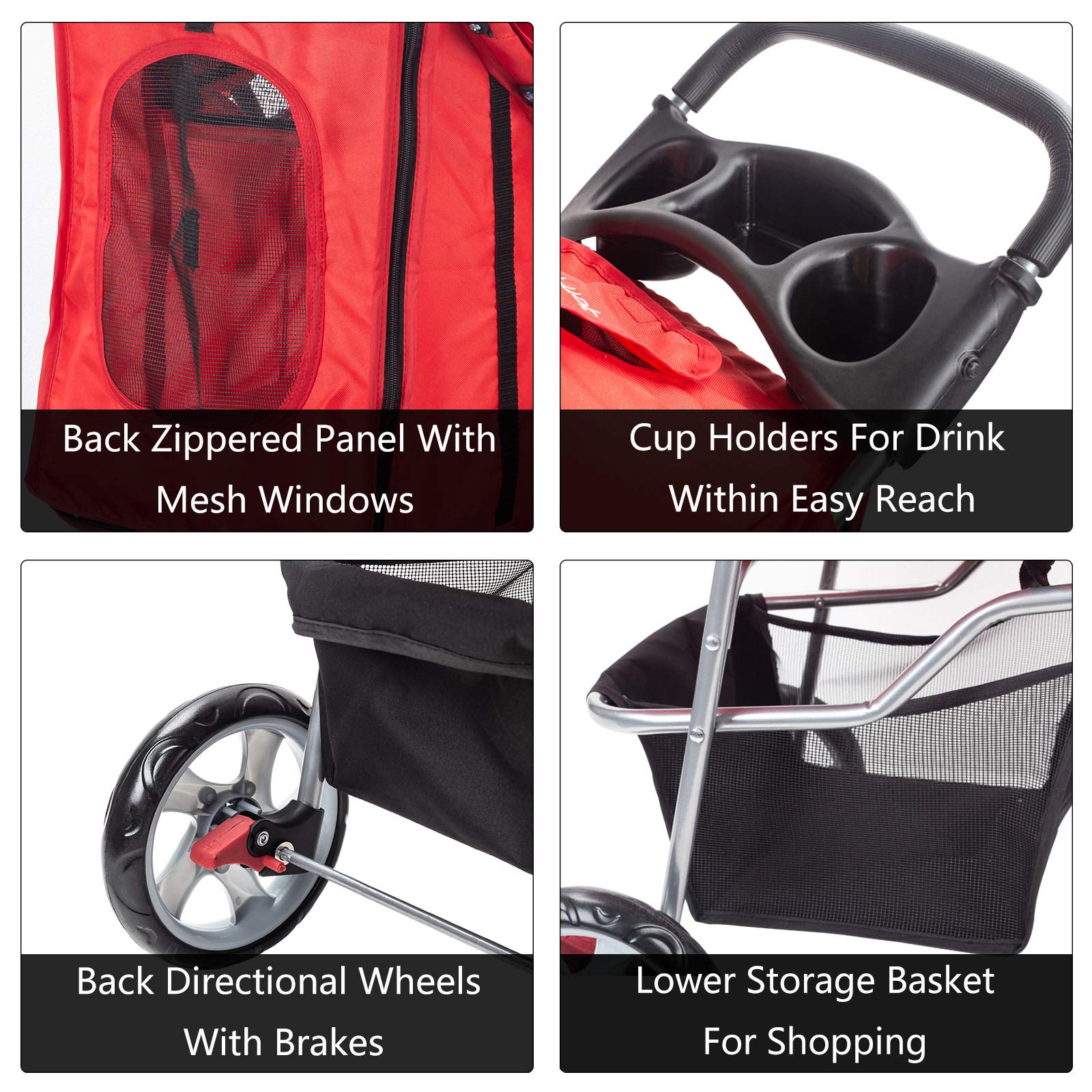 4-Wheel Folding Pet Stroller for Cats & Dogs - Lightweight Travel Carrier with Smooth Ride (Red) | Perfect for Jogging, Shopping & Outdoor Adventures