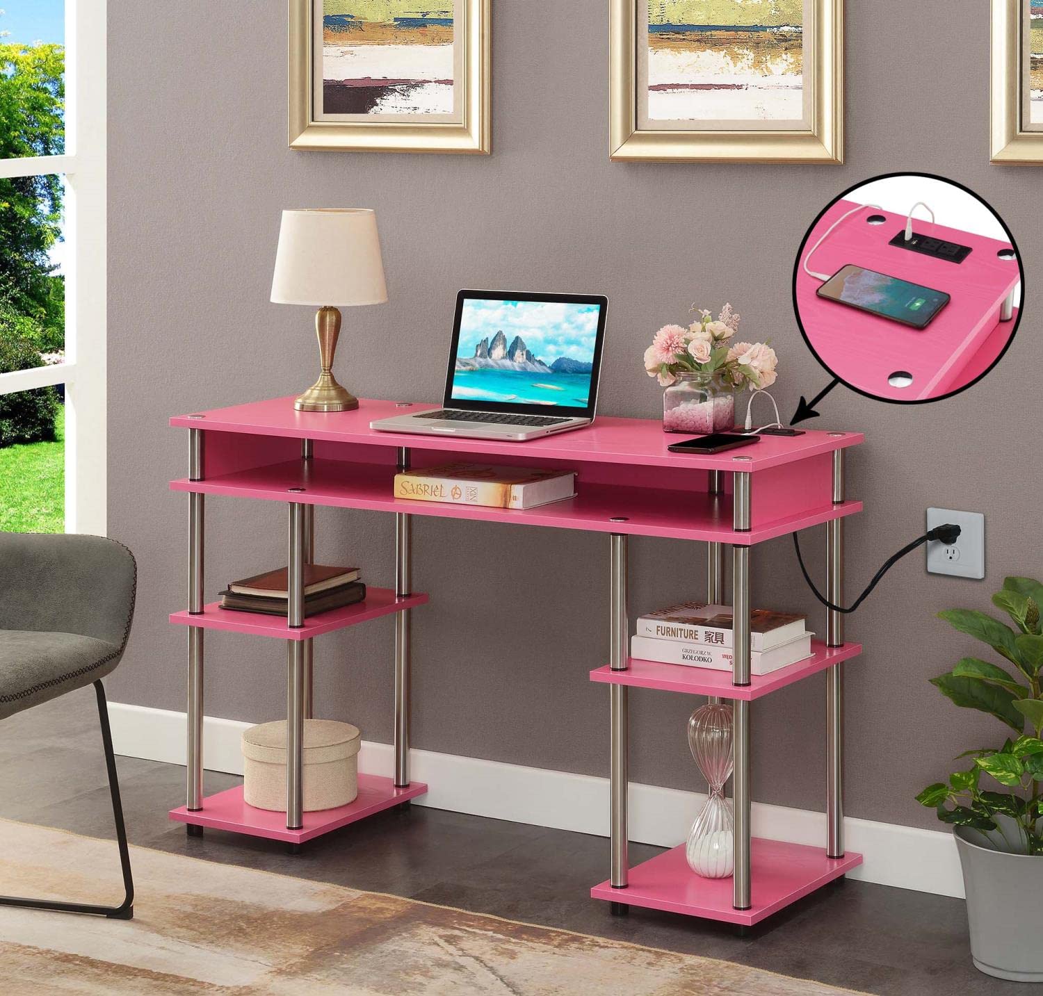 Convenience Concepts Designs2Go No Tools Student Desk with Charging Station & Shelves - Pink Study Desk for Kids, Teens & Dorm Rooms | Perfect for Homework, Online Classes & Small Spaces