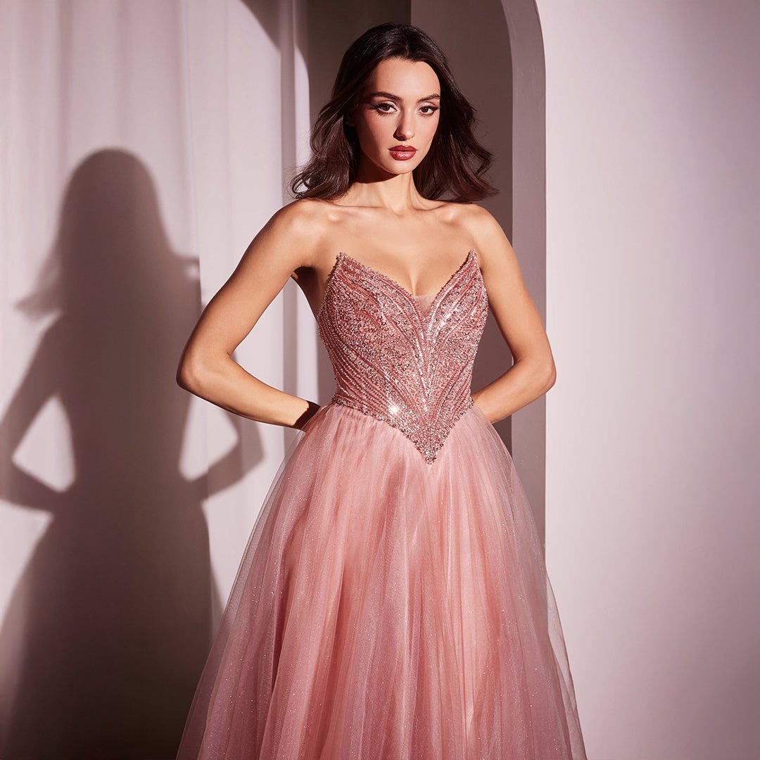 Cinderella Divine Blush Beaded Strapless Tulle Prom Dress - Elegant Formal Gown for Homecoming, Quinceañera & Evening Events