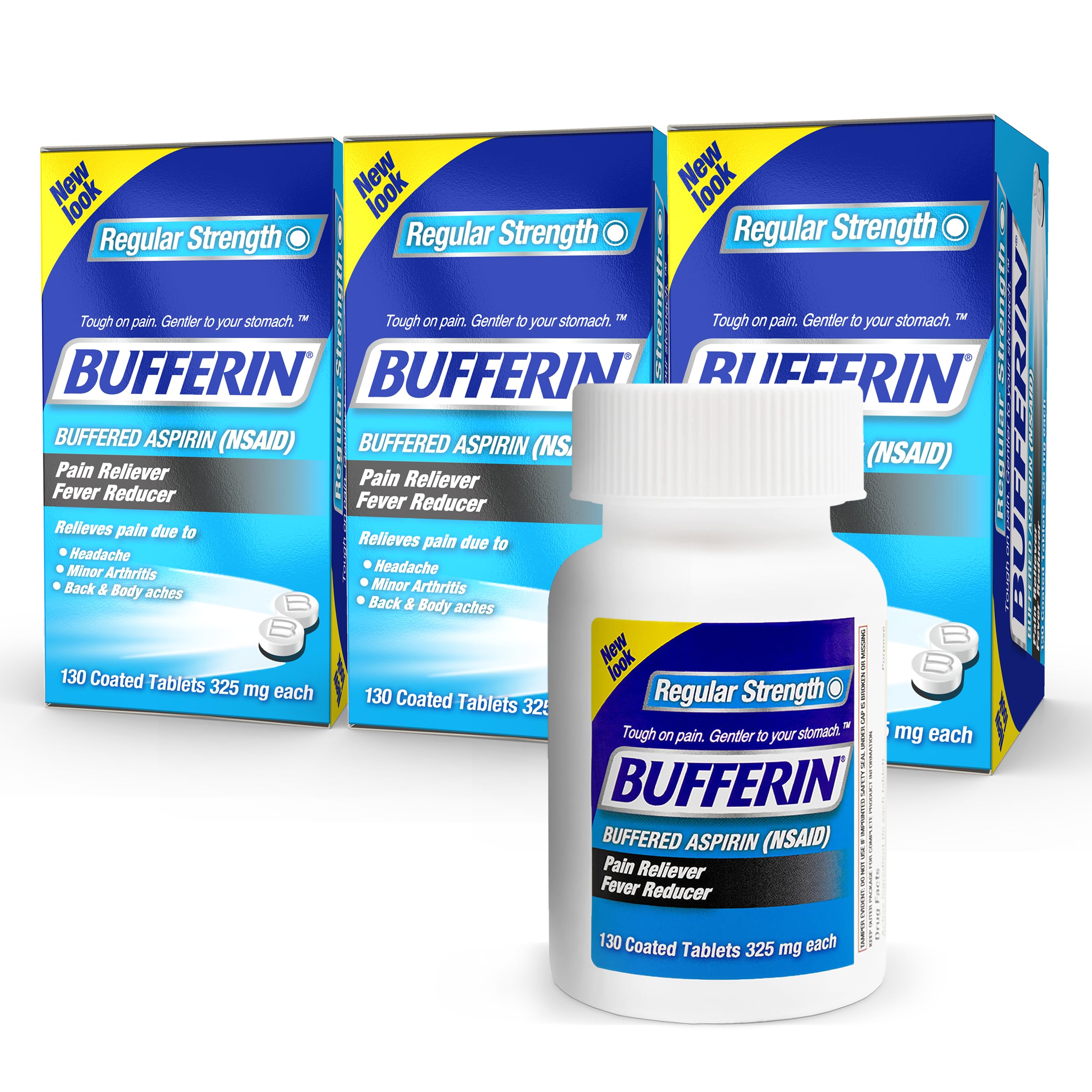 Bufferin Aspirin 325mg Pain Reliever & Fever Reducer - 130 Coated Tablets (3 Pack) for Adults | Headache, Back Pain, Arthritis & Muscle Relief with Buffering Agents | Perfect for Home, Office & Travel First Aid Kits