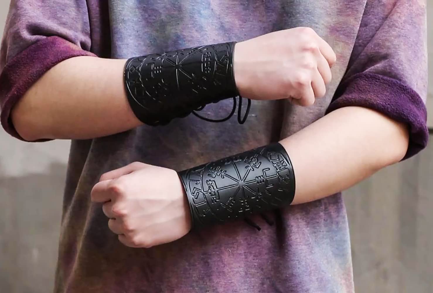 Viking Leather Bracers - Medieval Knight Armor Guards, LARP PU Leather Gauntlet, Embossed Armor Wristband for Cosplay, Renaissance Fairs & Historical Reenactments
