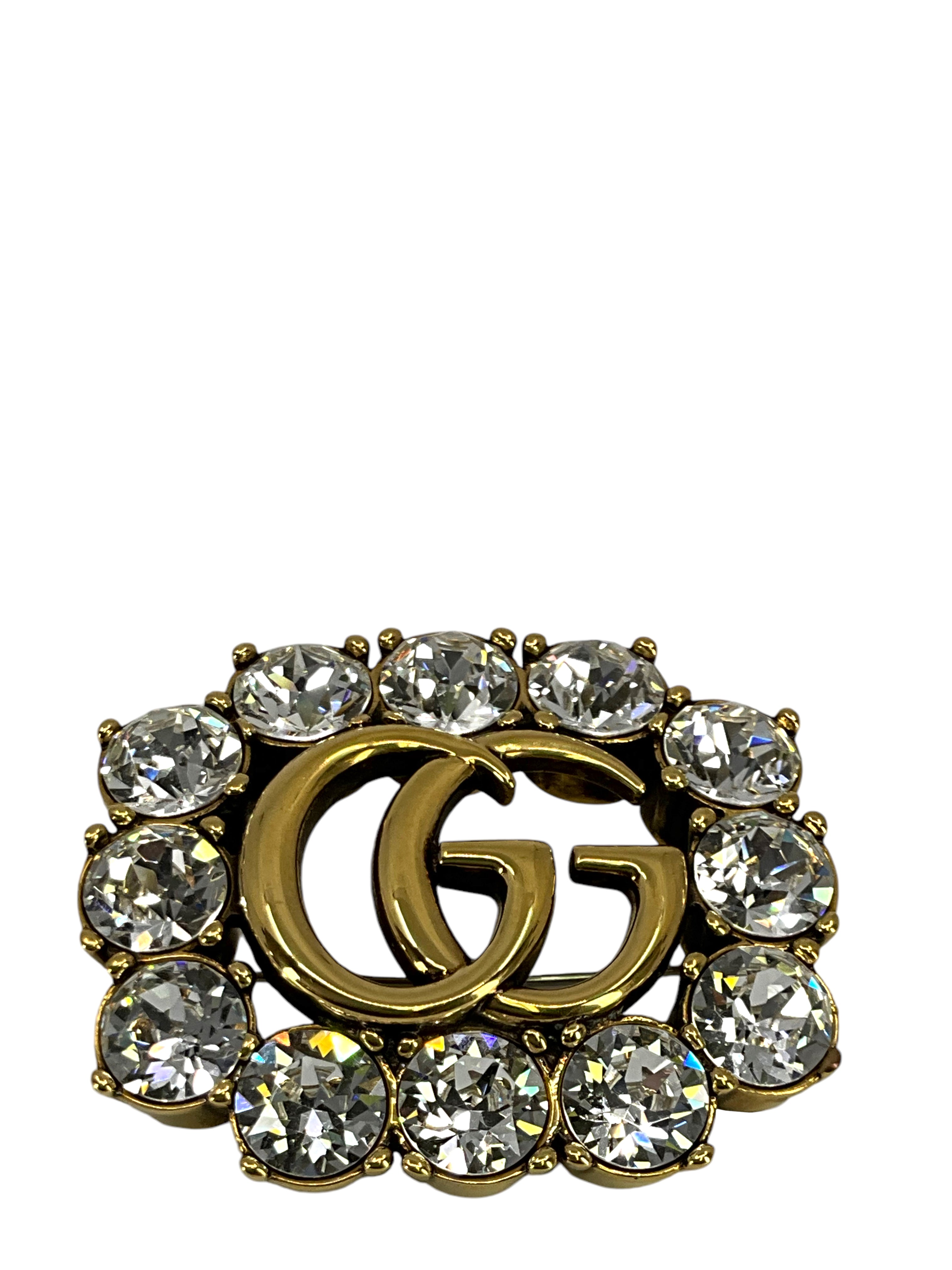 Authentic GUCCI Metal Double G Brooch with Swarovski Crystals - Luxury Fashion Accessory for Women, Gift for Her | Perfect for Blazers, Coats, Bags & Special Occasions