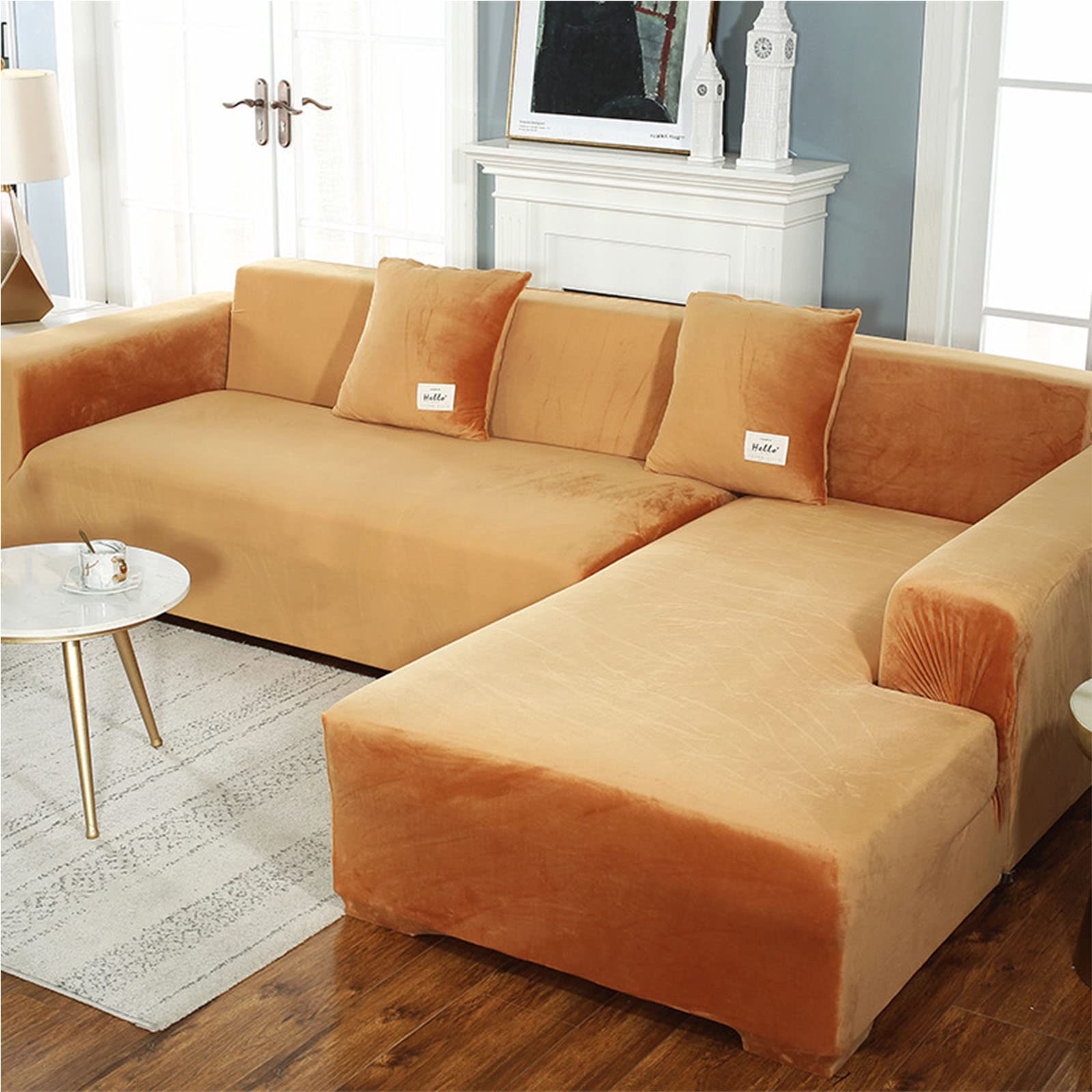Velvet Stretch Sofa Slipcover for L/U Shape Sectional Couch - Non-Slip Furniture Protector for Kids & Pets - Fits 3+4 Seater (Orange) - Perfect for Living Room, Family Room & Pet-Friendly Homes