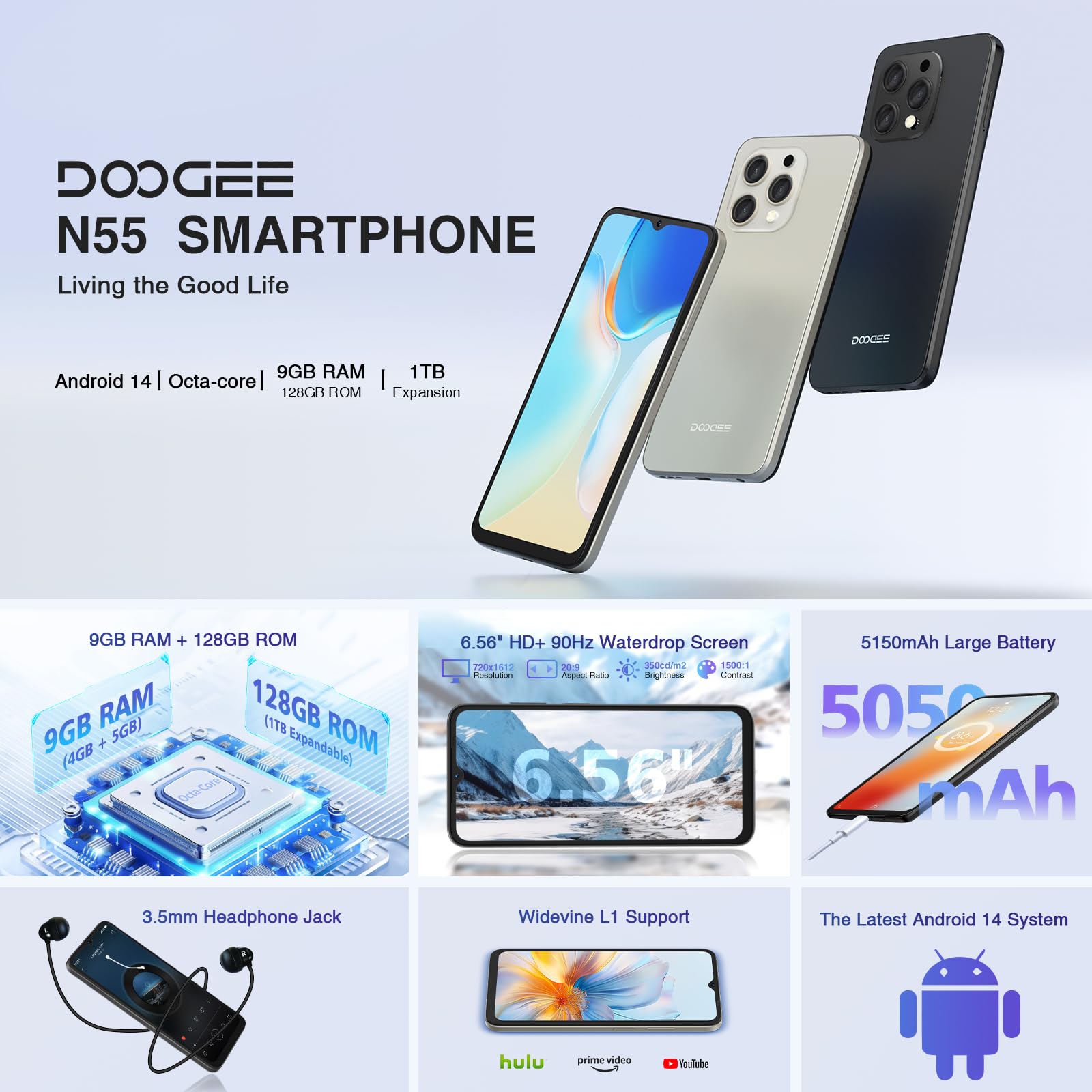 DOOGEE N55 Unlocked Smartphone (2025) - 9GB RAM, 128GB ROM (Expandable to 1TB), 6.56
