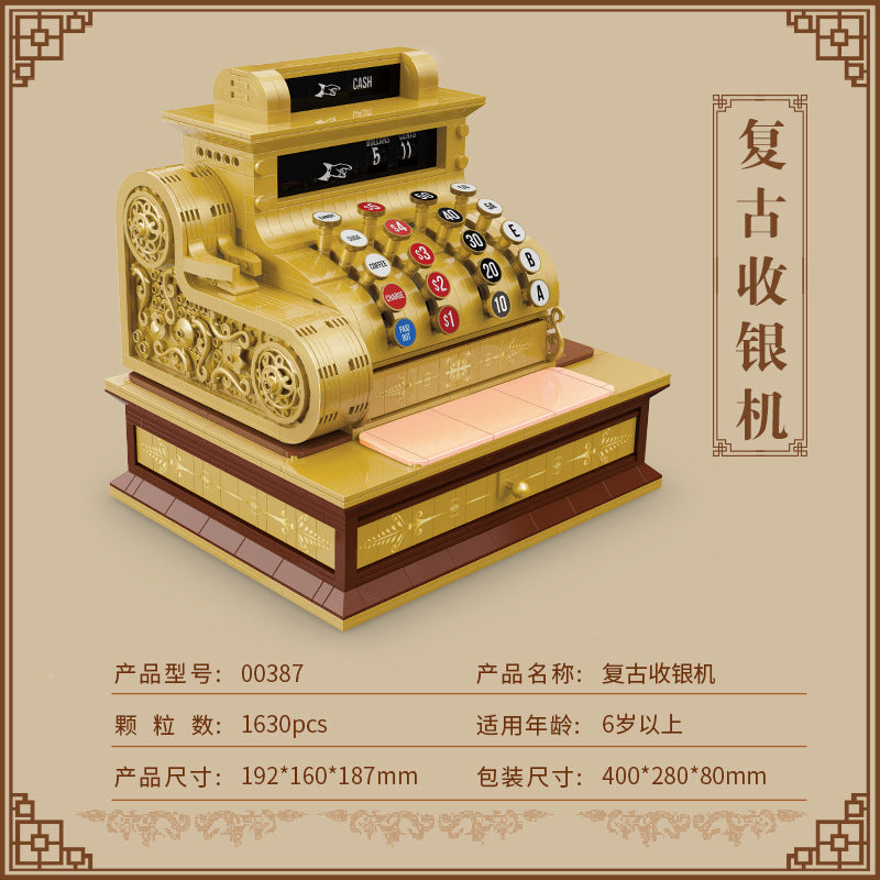 1630PCS Vintage Toy Cash Register - Retro Style Play Money Set for Kids, Pretend Play Store & Role-Playing Games - ZHEGAO 00387 Building Blocks Toy with Realistic Sounds & Scanner