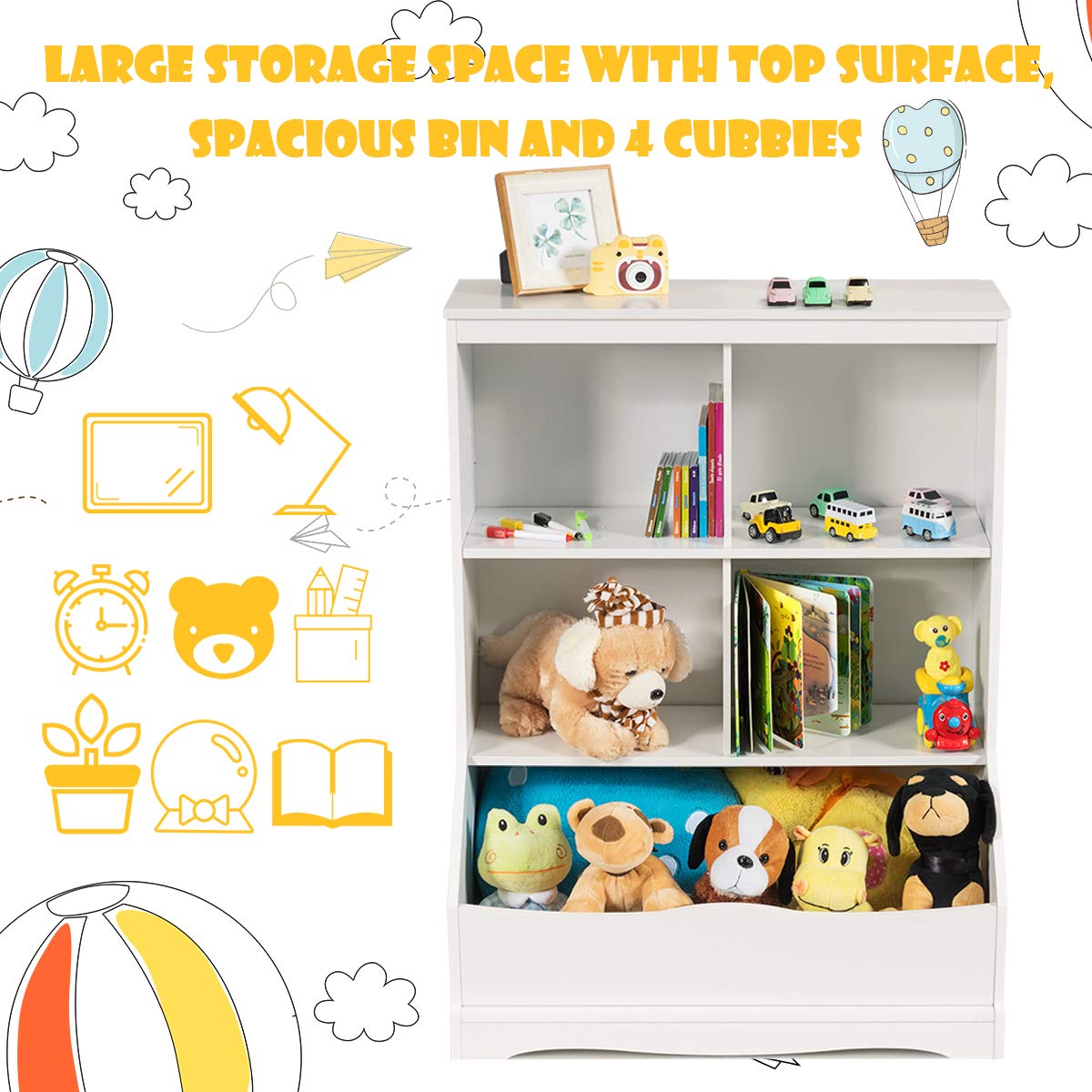Giantex 3-Tier Wooden Toy Organizer with 4 Storage Bins - Kids Room Storage Cabinet for Books, Toys & Collections - White - Perfect for Nursery, Playroom & Classroom Organization