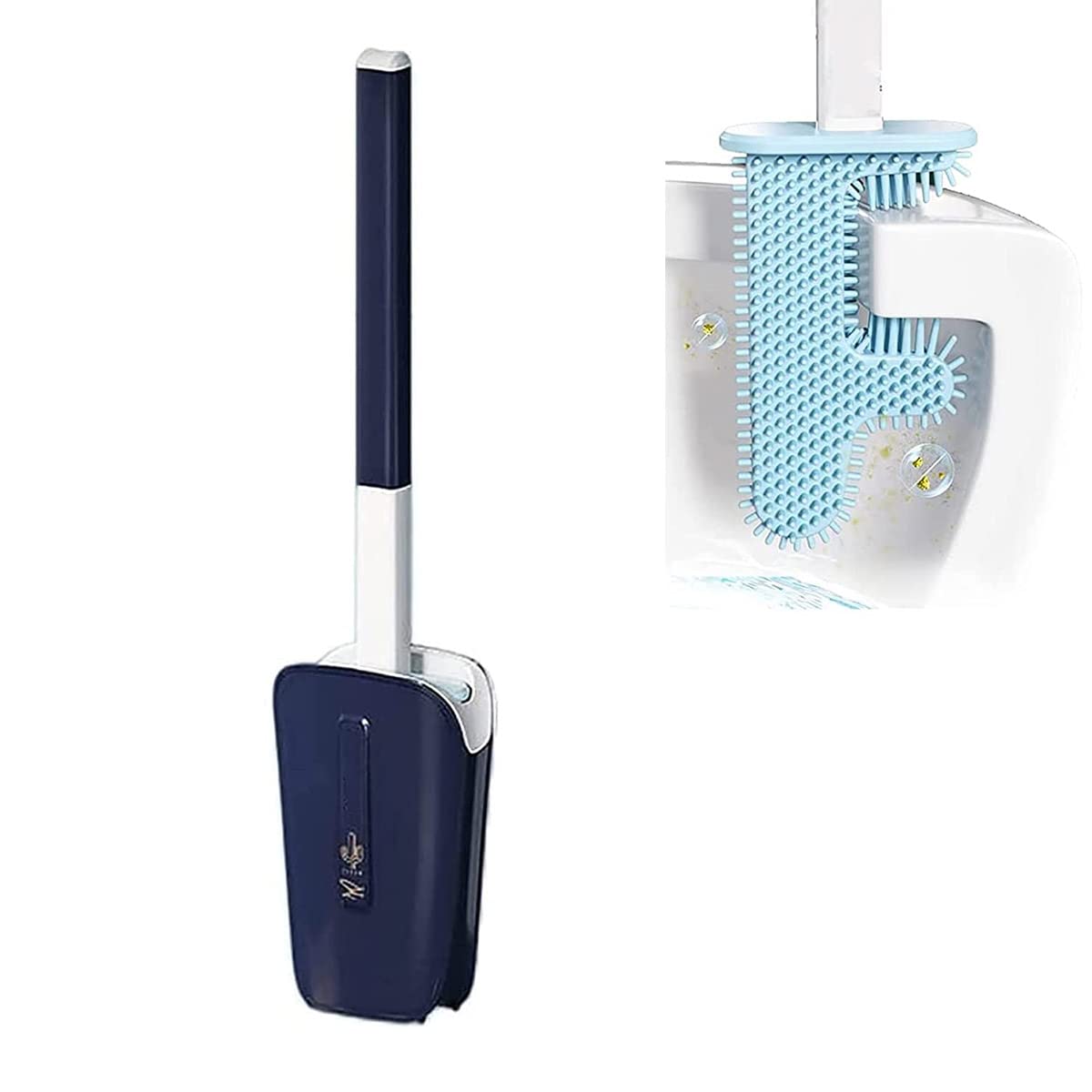 No Dead Corner Cactus Toilet Brush with Base - Wall Mounted Bathroom Cleaning Tool, Non-Slip Long Handle Silicone Toilet Bowl Cleaner Brush (Blue) - Perfect for Small Spaces & Hygienic Bathroom Cleaning