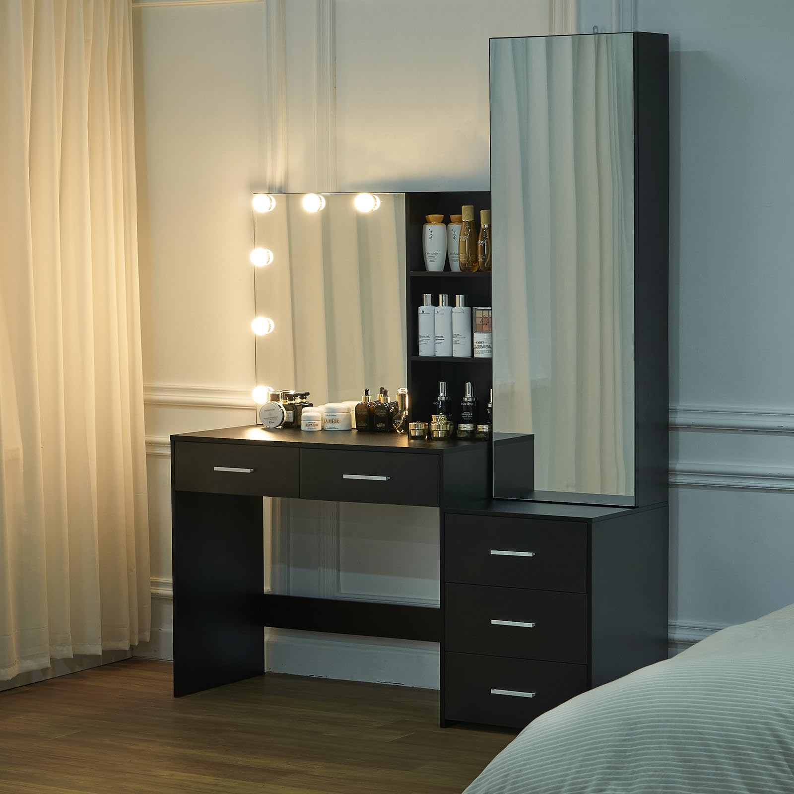 USIKEY Vanity Desk with Full-Length Mirror & LED Lights - Makeup Dressing Table with Jewelry Cabinet, 2 Drawers & 2 Shelves - Elegant Black Vanity Set for Women & Girls - Perfect for Bedroom, Dorm Room or Dressing Area
