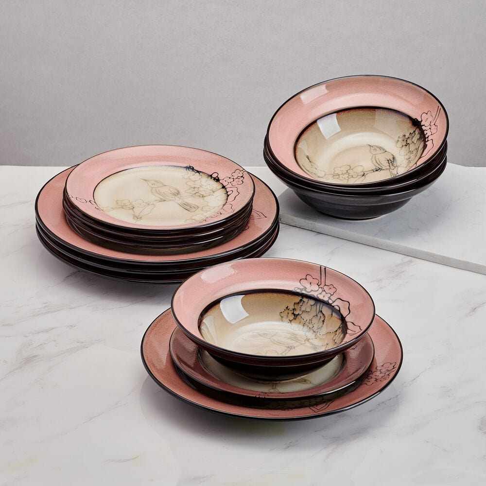 Song Bird Pink Dinnerware Set - 16-Piece Porcelain Tableware for 4, Floral Design, Microwave & Dishwasher Safe - Perfect for Family Dinners, Parties, and Special Occasions