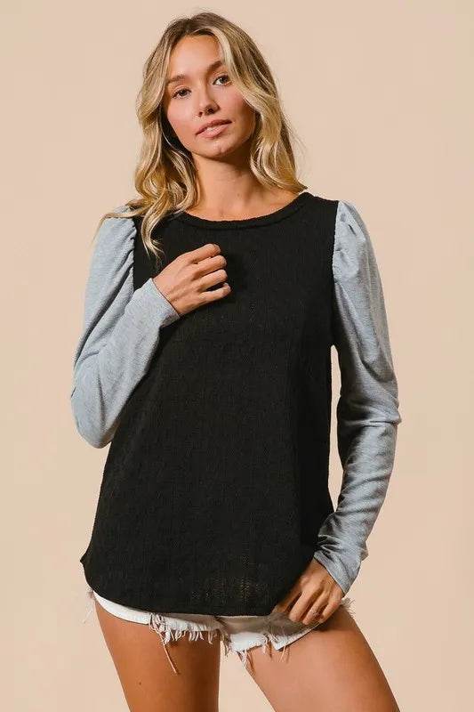 BiBi Cable Knit Sweater Top with Contrast Puff Sleeves | Women's Casual Winter Pullover | Perfect for Office, Date Night & Holiday Outfits