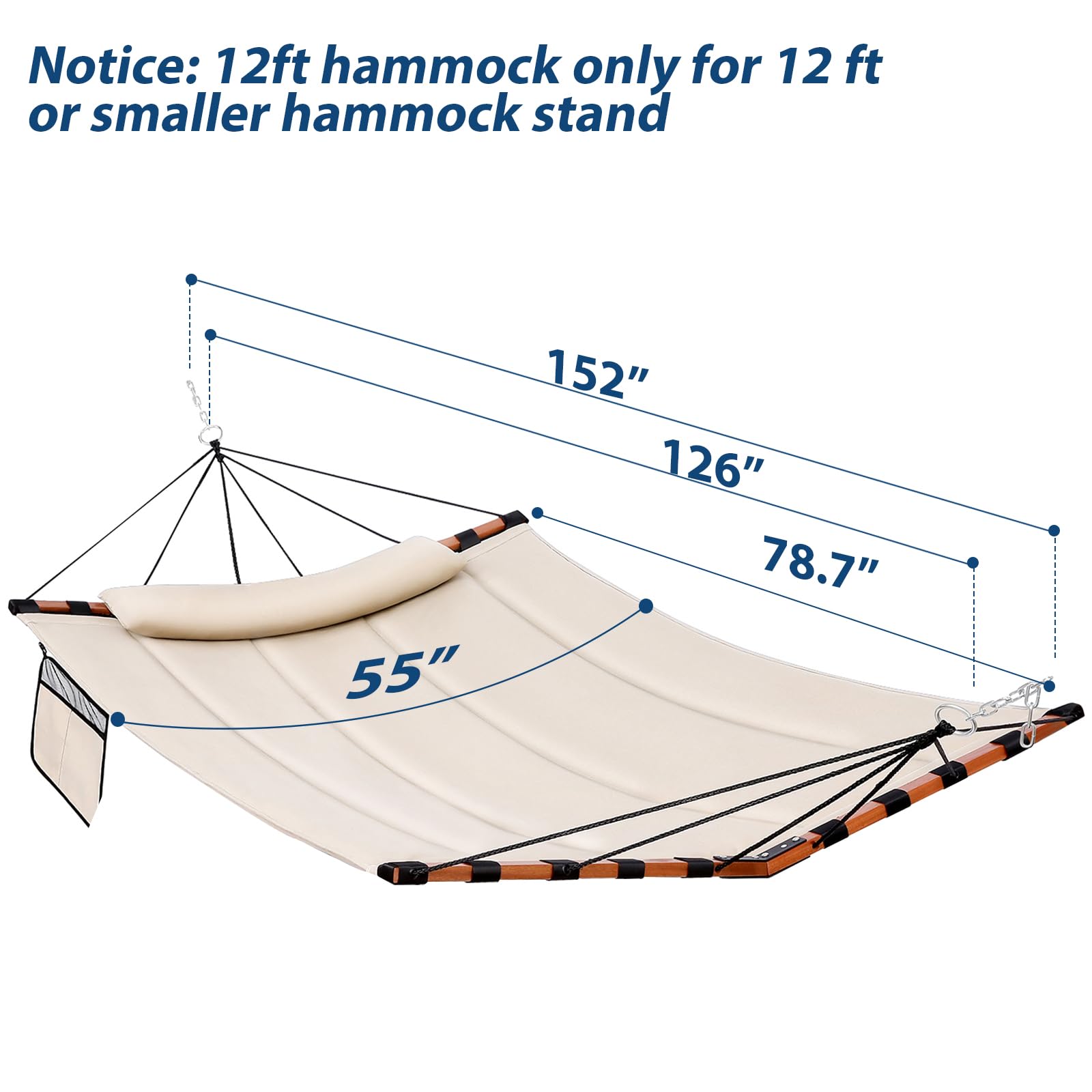 TegerDeger 12FT 2 Person Hammock - 450LB Capacity Heavy Duty Outdoor Hammock with V-Shaped Hardwood Spreader Bar & Nylon Rope - Perfect for Patio, Garden, Backyard, Beach & Poolside Relaxation (Beige)