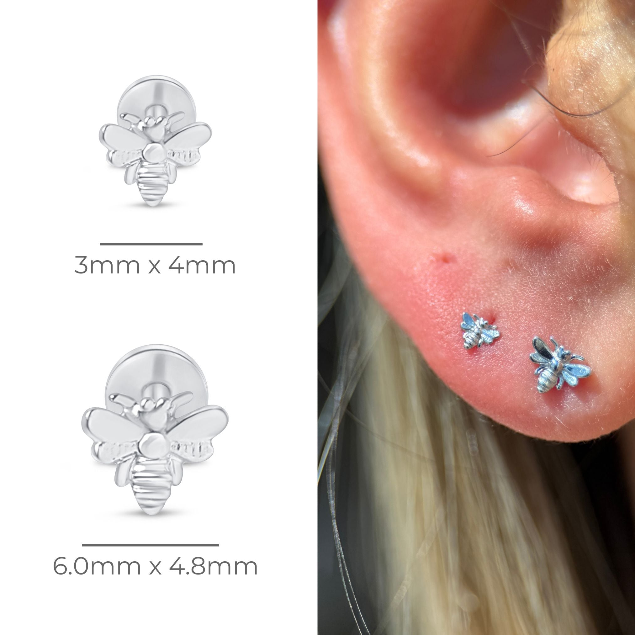 Minimalist Bee Flat Back Stud Earrings in Solid 14k White Gold - Dainty Jewelry for Everyday Wear, Gift for Her, Wedding, Anniversary