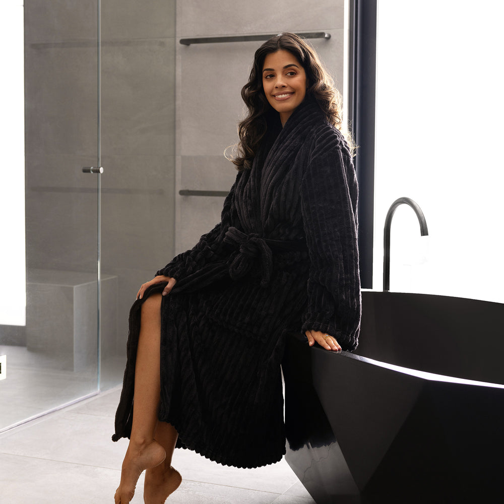 Premium Channel Fleece Bathrobe for Men & Women - Soft & Cozy Charcoal Grey Bath Robe - Medium/Large Size - Perfect for Spa, Lounging & Post-Shower Relaxation