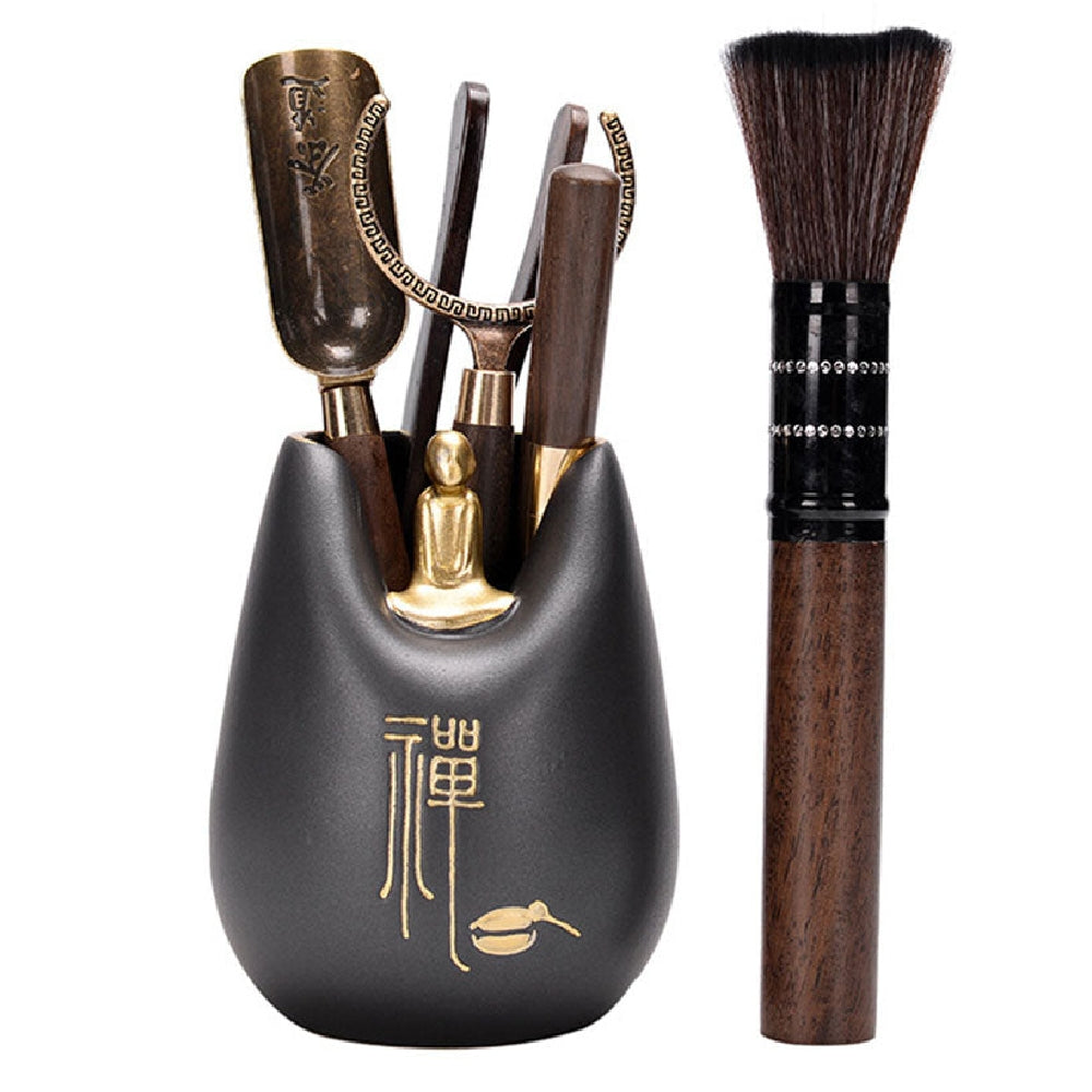 Handcrafted Ebony Tea Set with Coarse Pottery Monk Holder - Traditional Japanese Tea Ceremony Accessories for Matcha & Loose Leaf Tea Brewing
