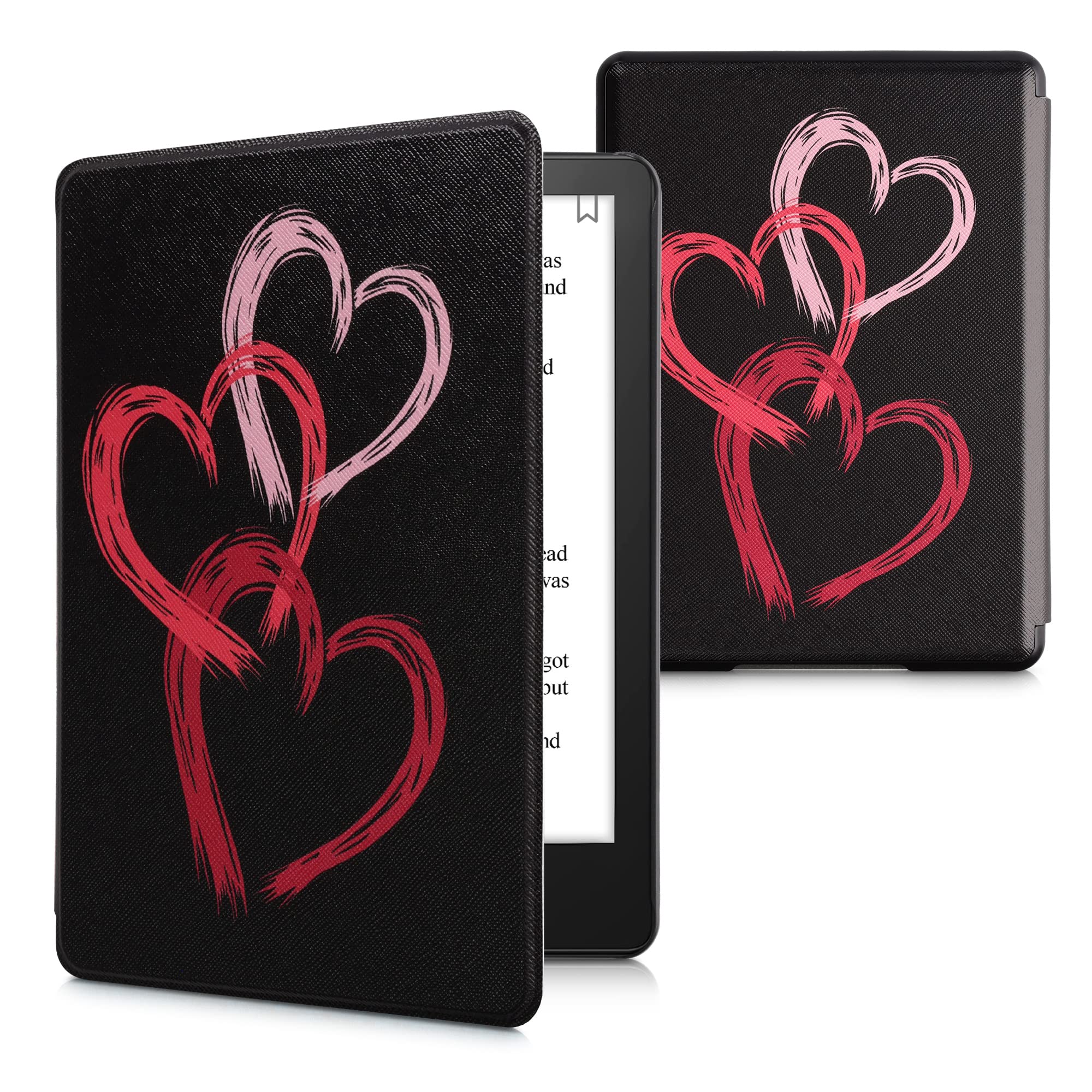 kwmobile PU Leather Case for Amazon Kindle Paperwhite (11th Gen - 2021) - Lightweight e-Reader Cover with Heart Pattern in Dusty Pink/Pink/Black - Perfect for Reading, Travel & Daily Protection