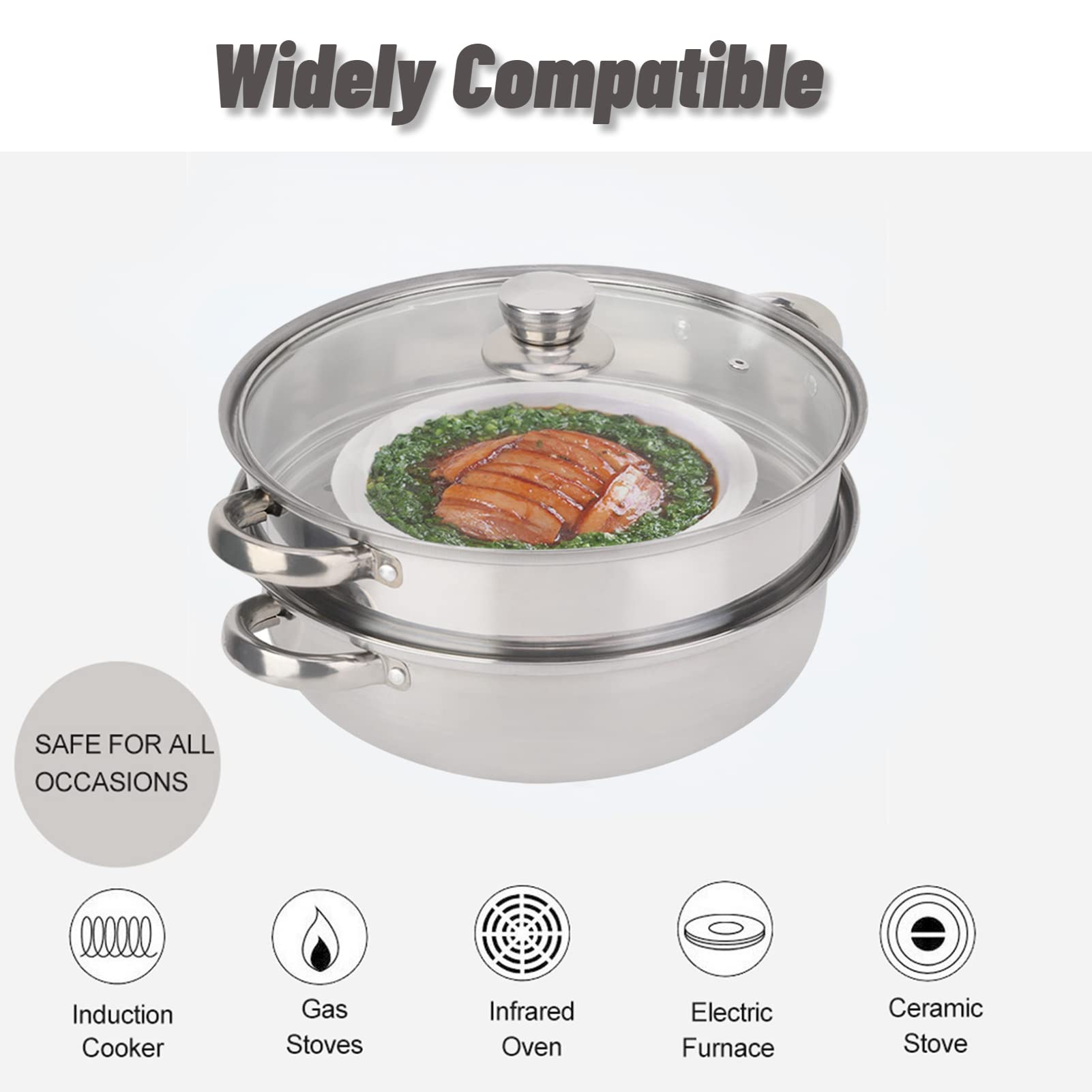 2-Layer Stainless Steel Steamer Pot Cooker with Tempered Glass Lid - Double Boiler for Cooking, Steaming & Melting - Compatible with Gas, Induction, Oven & Grill Stove - Perfect for Home Kitchen, Restaurant & Outdoor Cooking