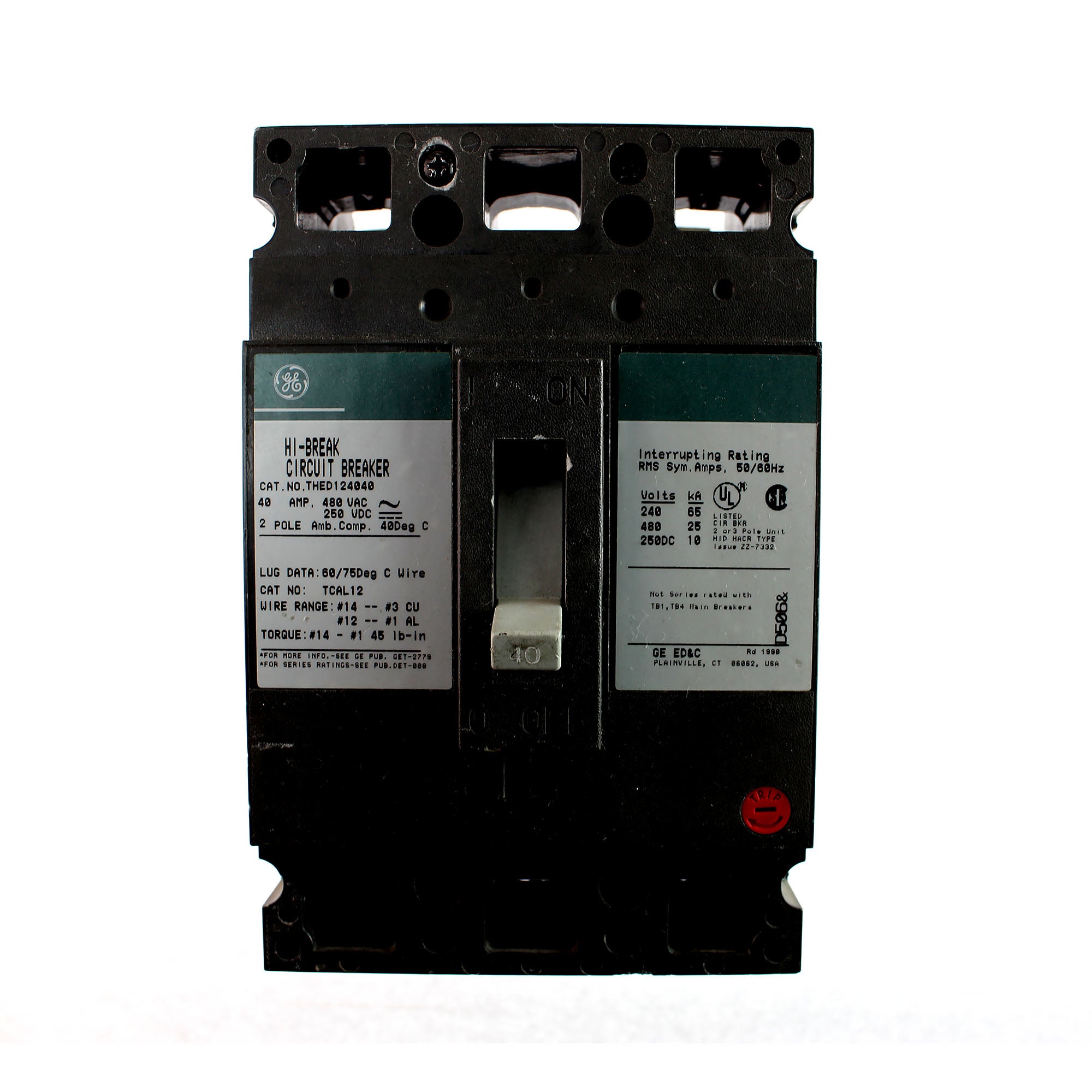 GE THED124040 2-Pole 40 Amp 480V Circuit Breaker - High Breaking Capacity for Industrial & Commercial Electrical Panels - Perfect for HVAC, Motor Control & Power Distribution Systems