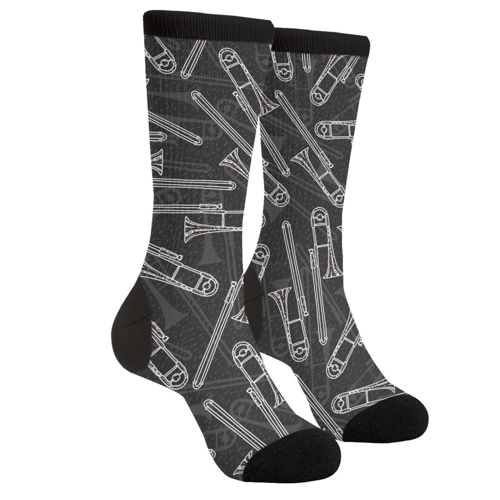 Vintage Black & White Trombone Novelty Socks - Unisex Funny Crazy Crew Dress Socks for Musicians & Music Lovers - Perfect Gift for Jazz Band, Orchestra, or Casual Wear