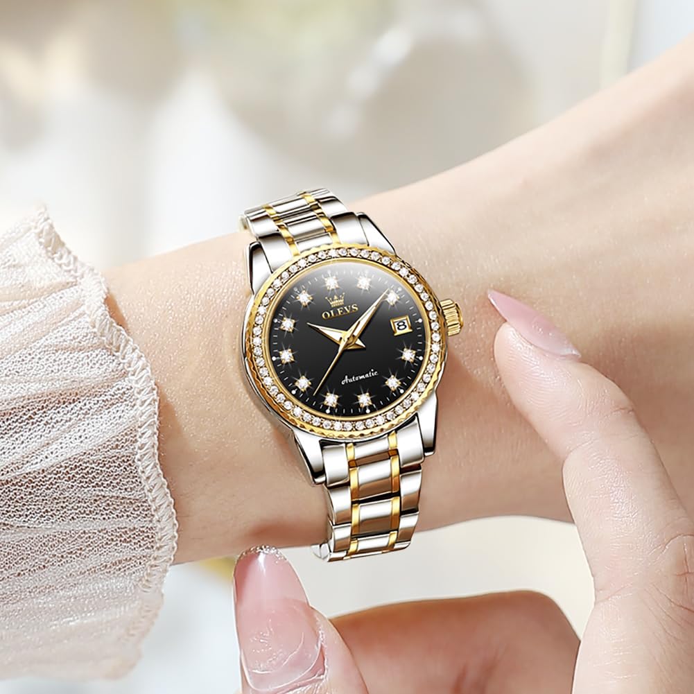OLEVS Women's Diamond Automatic Self-Winding Watch - Stainless Steel Dress Watch with Luminous Hands & Waterproof for Business, Party & Everyday Wear