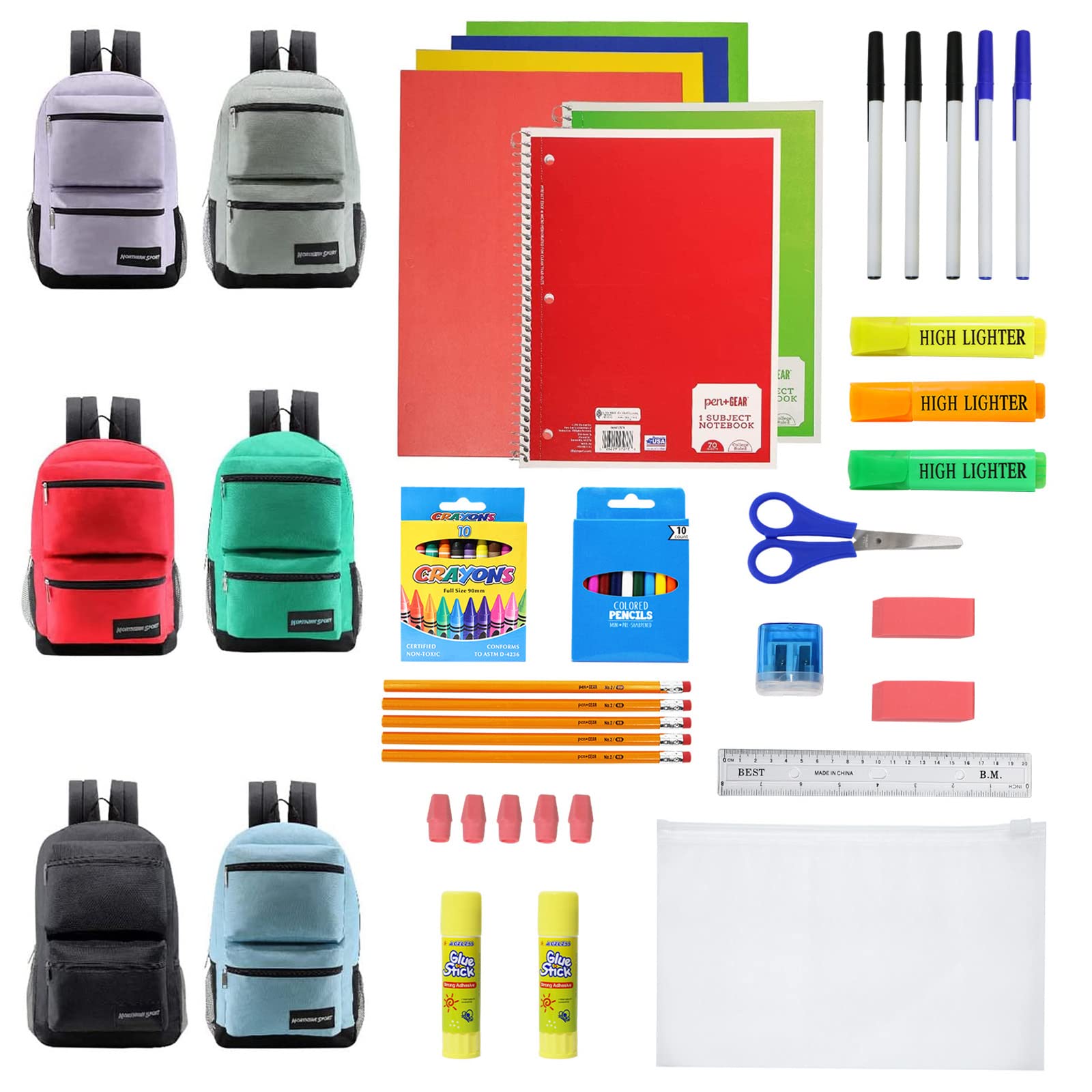 12-Pack 17-Inch School Backpacks with 52-Piece School Supplies Set (Pens, Pencils, Crayons) - Bulk Backpack Bundle for Elementary, Middle & High School Students - 6 Color Styles - Perfect for Classroom, Study & Daily School Use